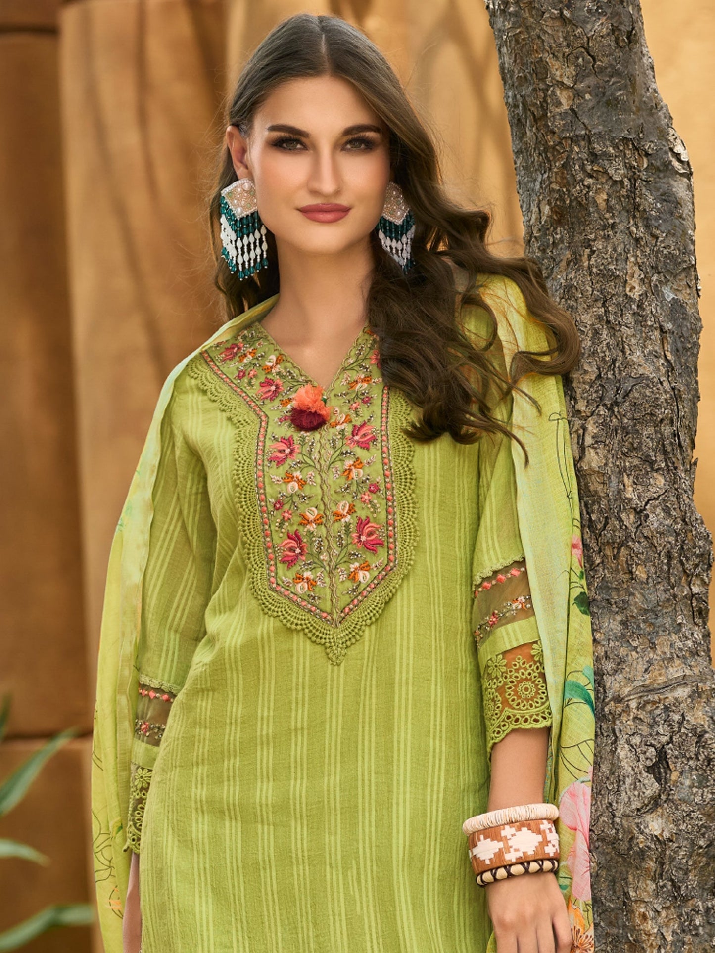 Green Embroidered Straight Kurta Trousers With Dupatta Set