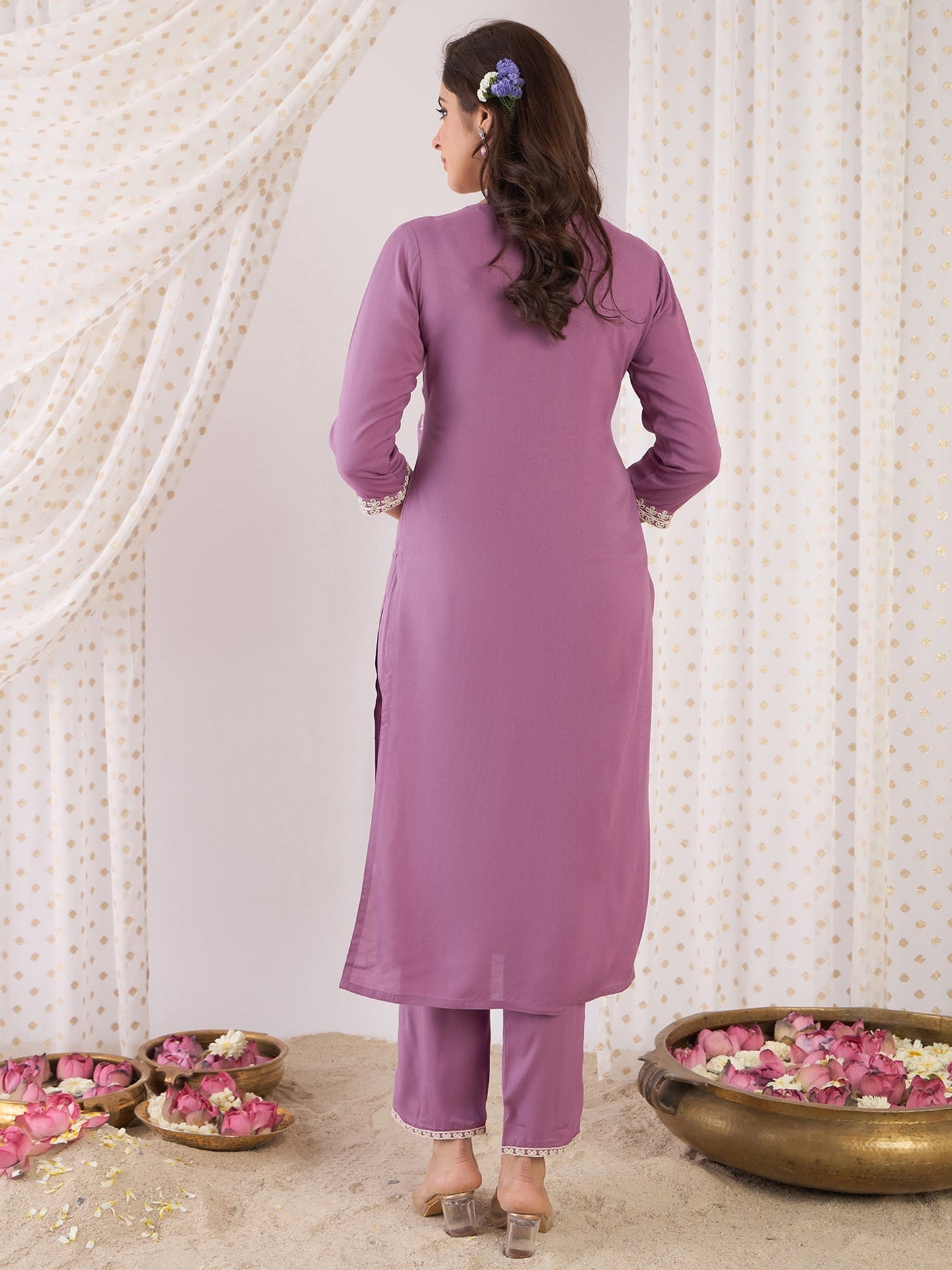 Lavender Embroidered Straight Kurta Trousers Set
