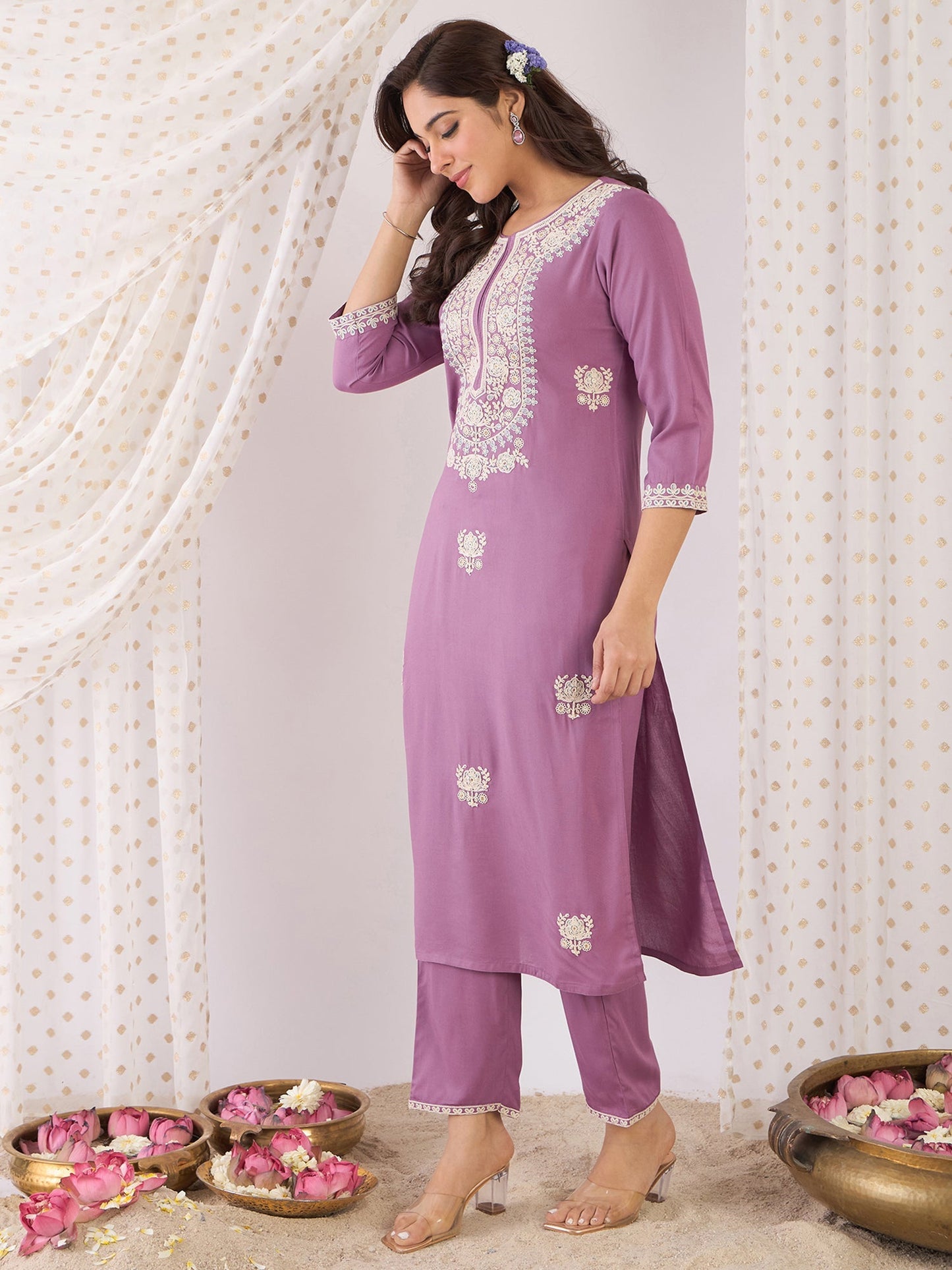 Lavender Embroidered Straight Kurta Trousers Set