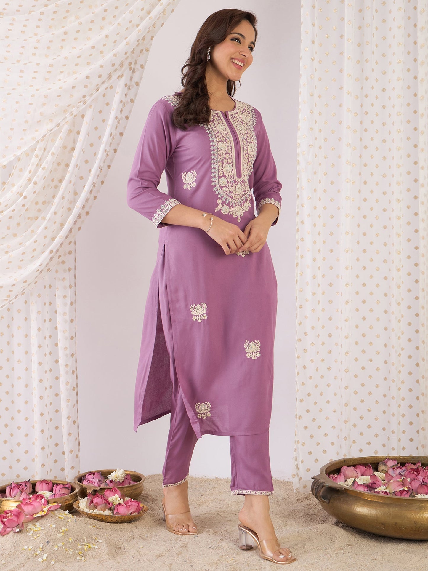 Lavender Embroidered Straight Kurta Trousers Set