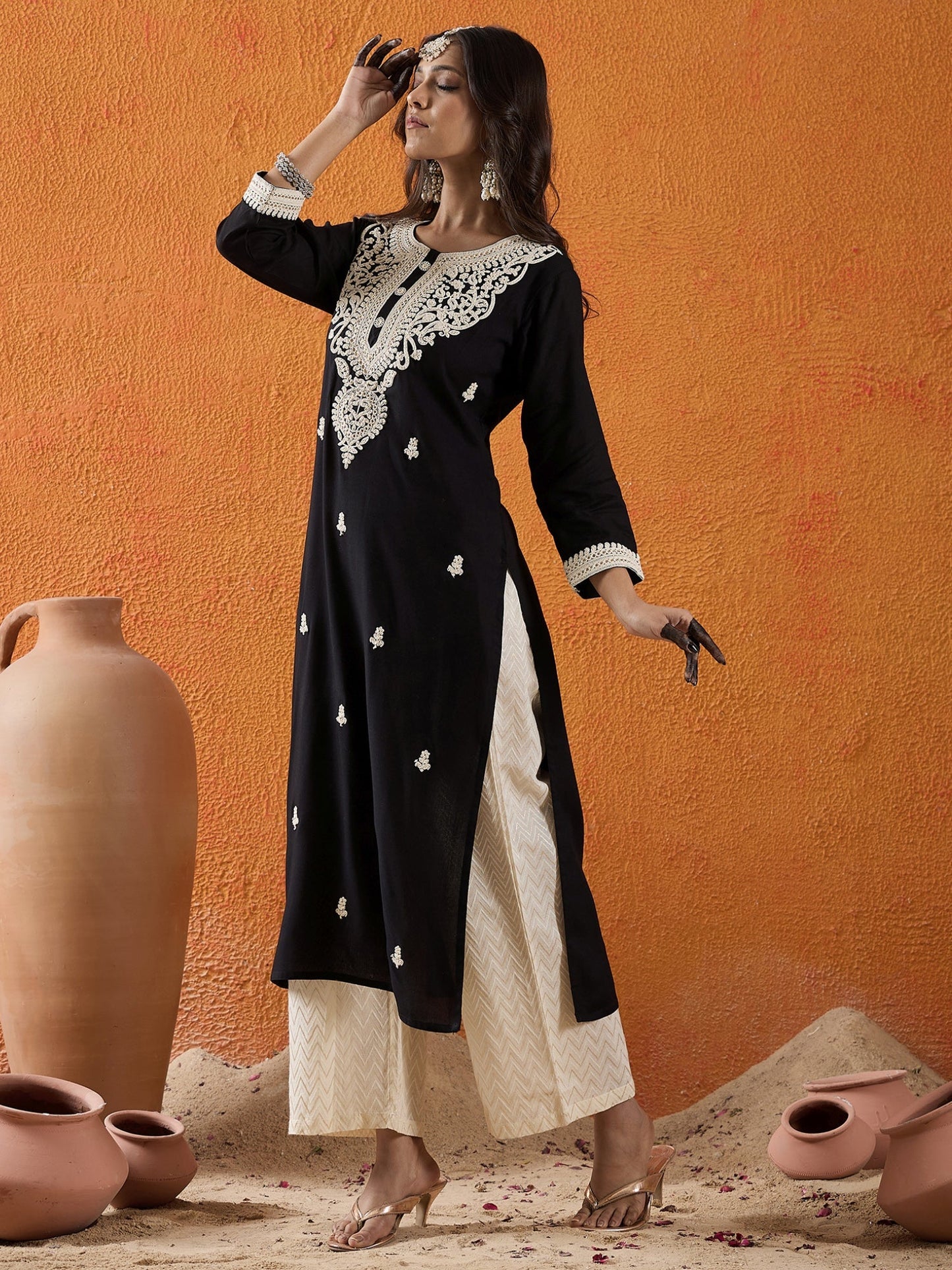 Black Embroidered Straight Kurtas