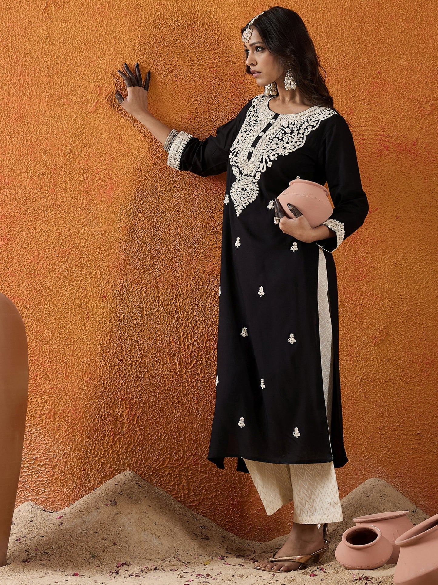 Black Embroidered Straight Kurtas