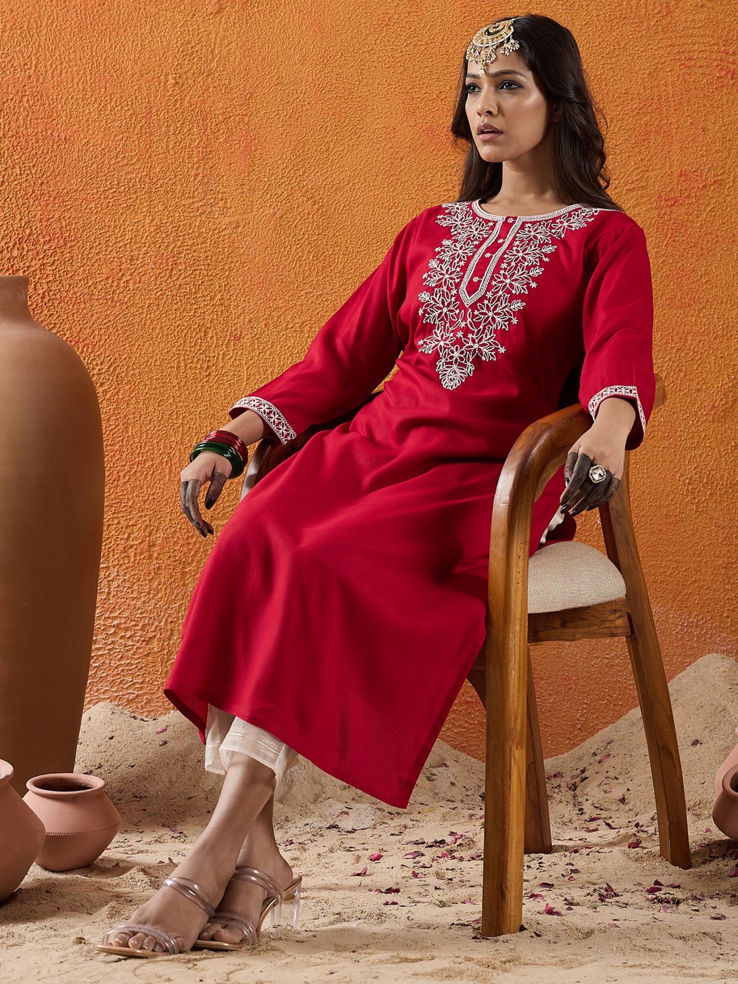 Maroon Embroidered Straight Kurtas