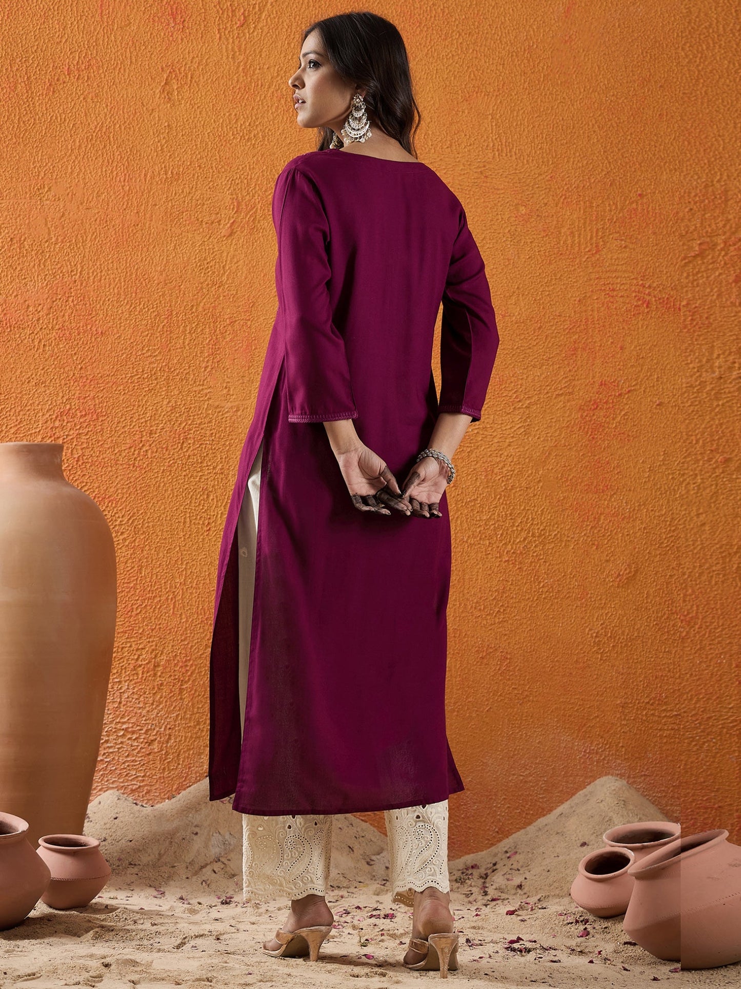 Burgundy Embroidered Straight Kurtas