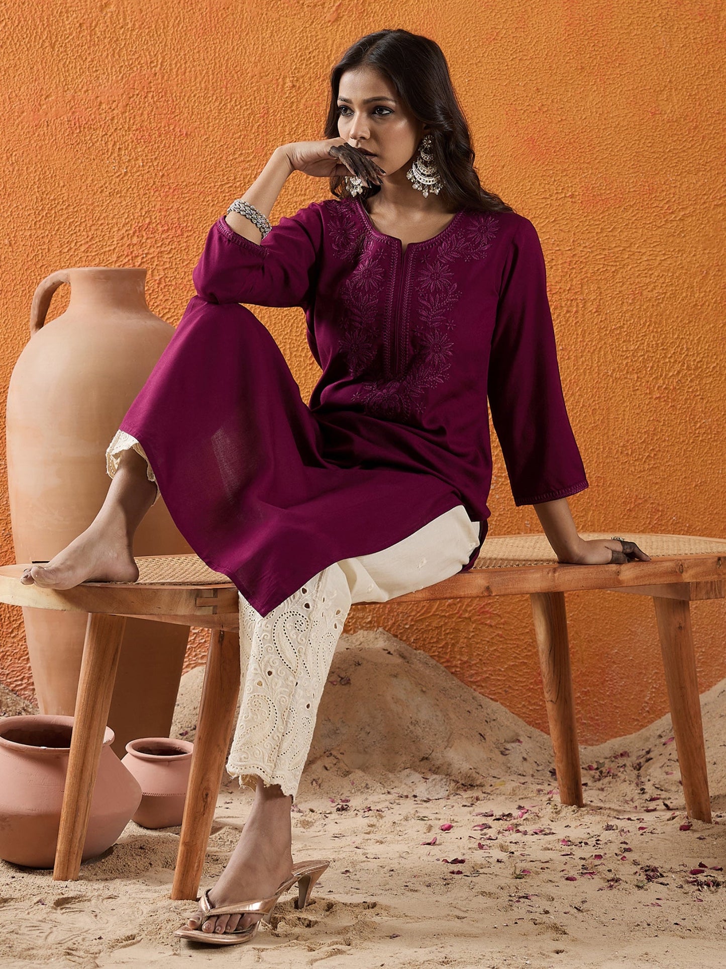 Burgundy Embroidered Straight Kurtas