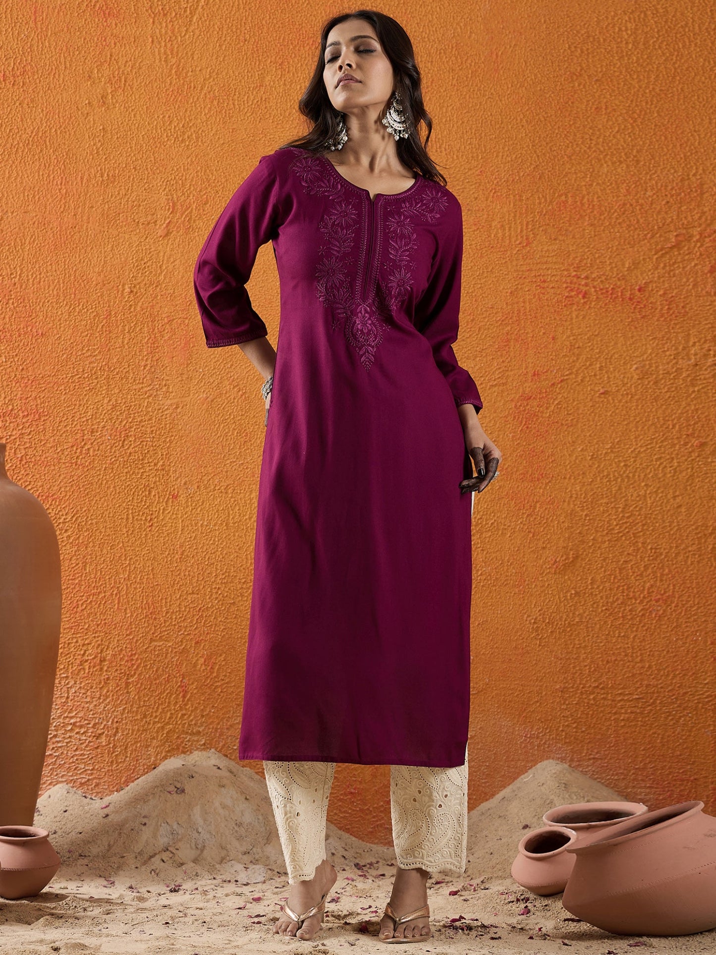 Burgundy Embroidered Straight Kurtas
