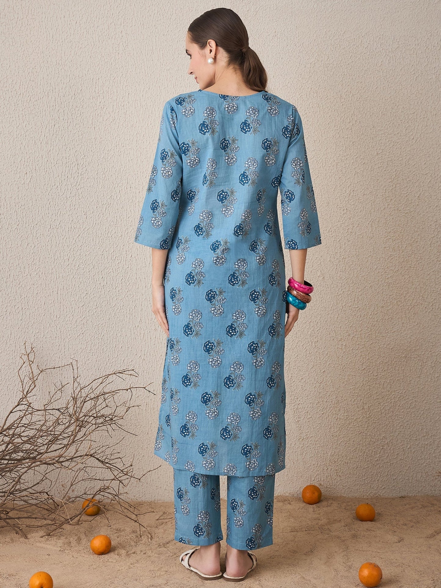 Blue Printed Straight Kurta Trousers Set