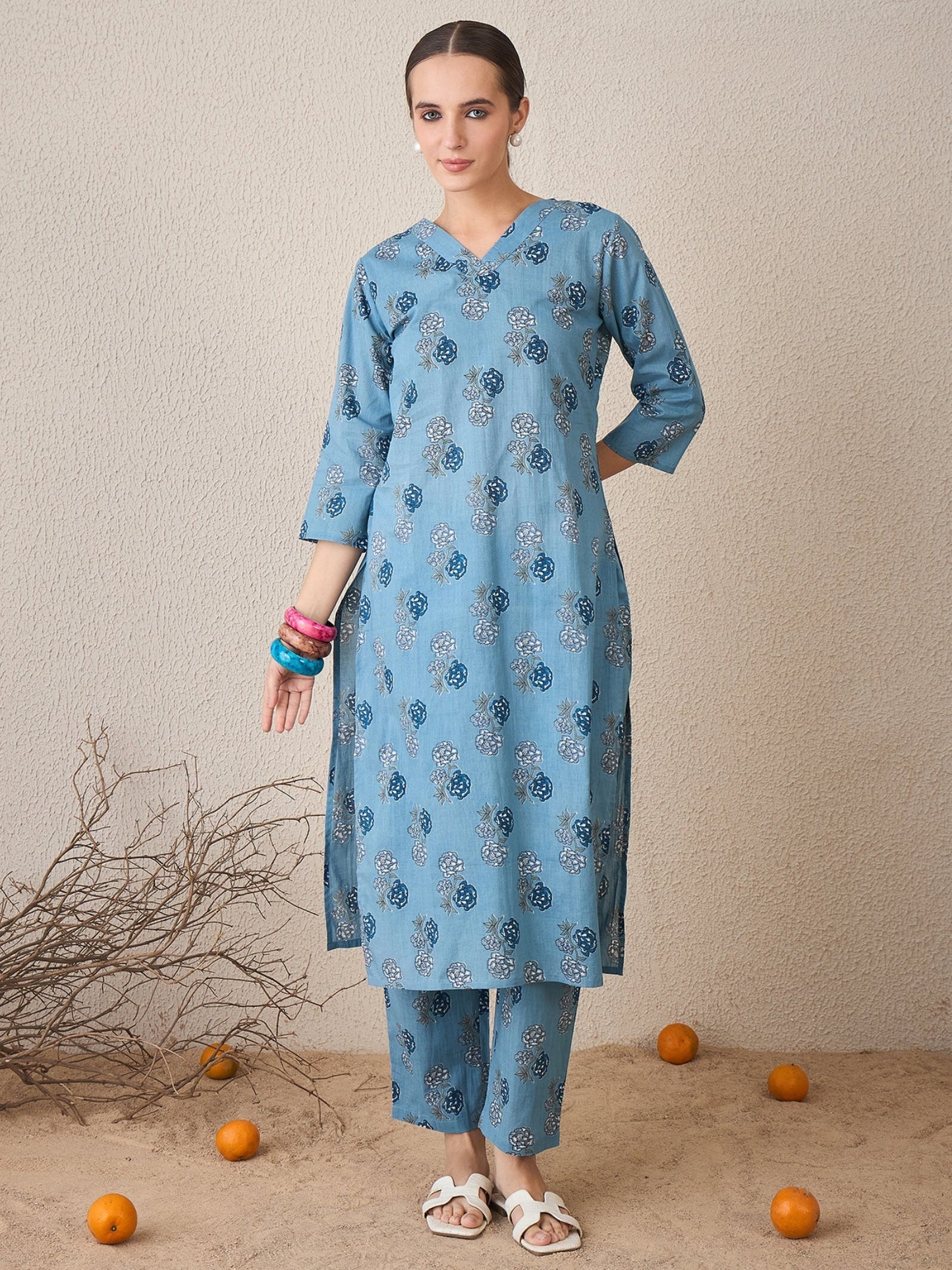 Blue Printed Straight Kurta Trousers Set
