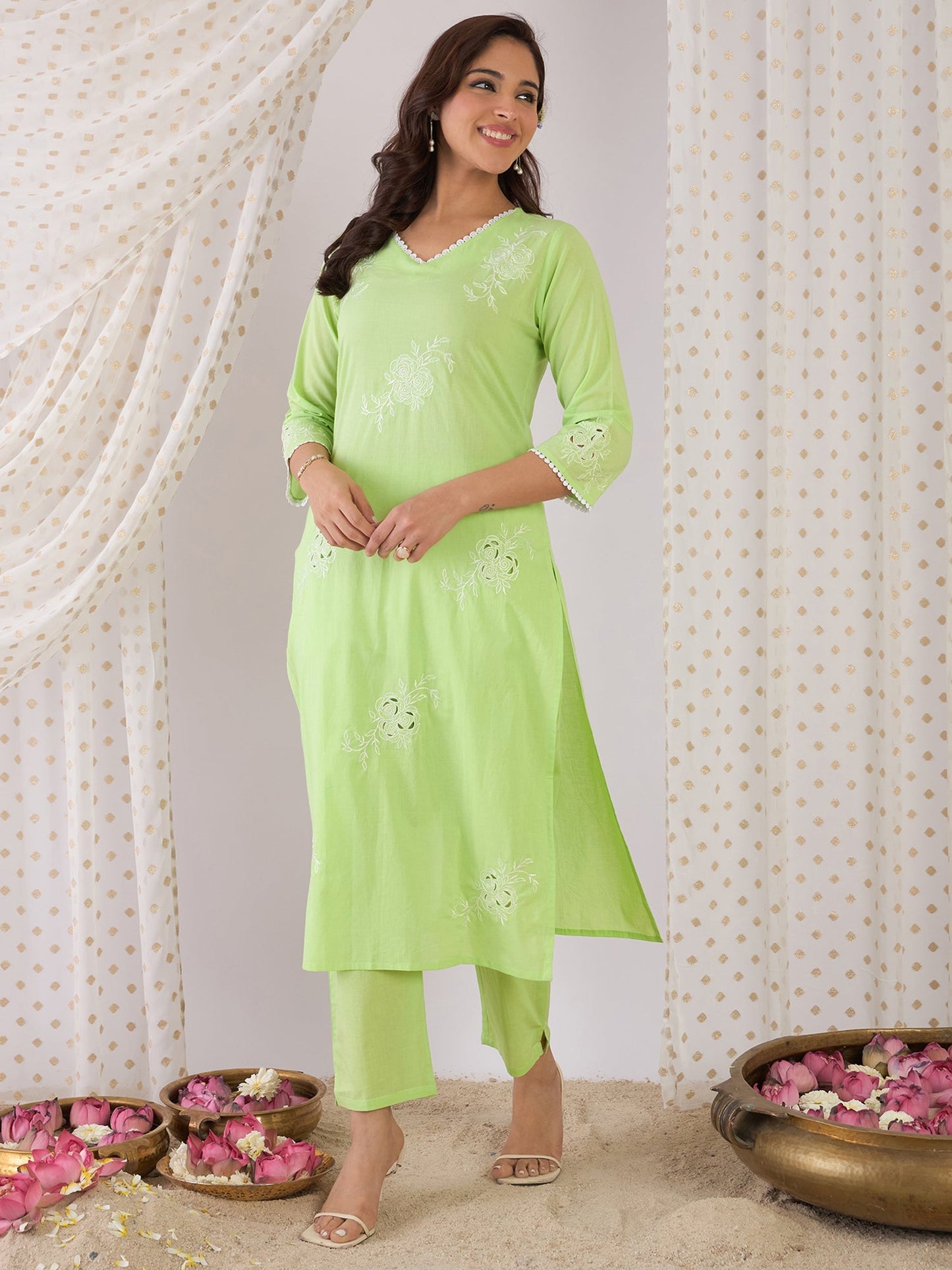 Green Embroidered Straight Kurta Trousers Set