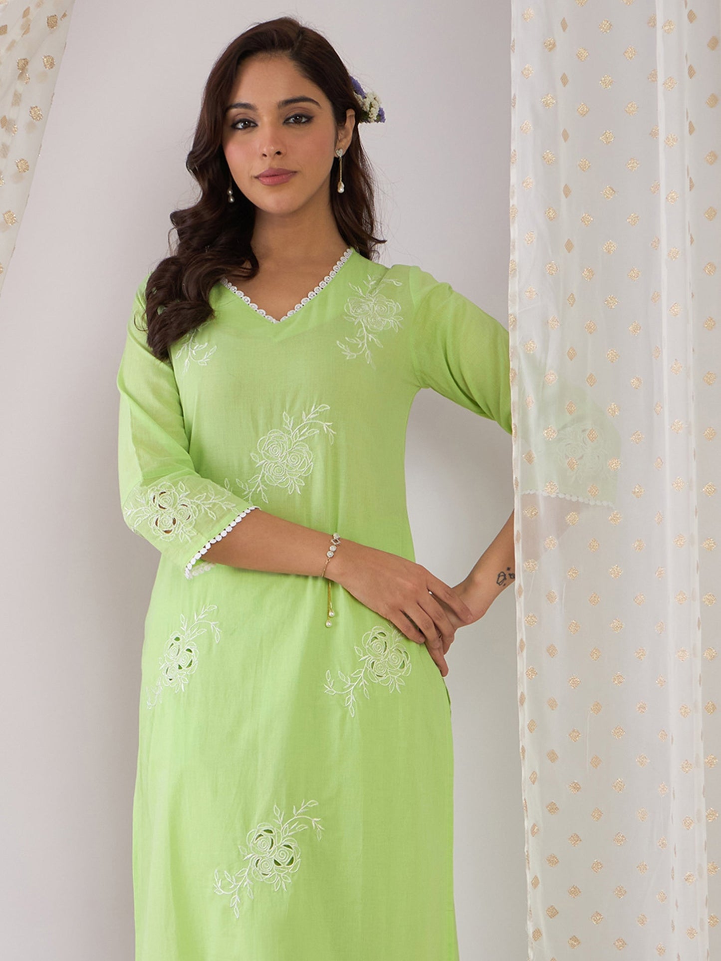 Green Embroidered Straight Kurta Trousers Set