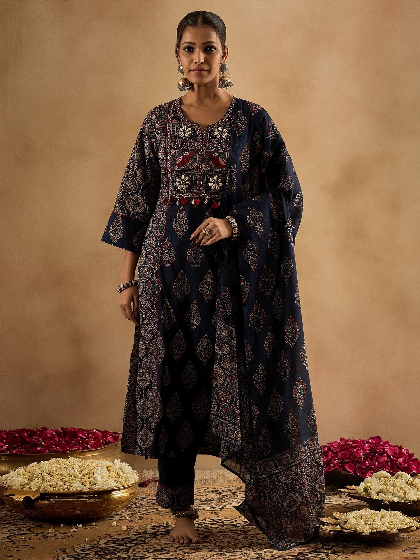 Blue Embroidered Straight Kurta Trousers With Dupatta Set