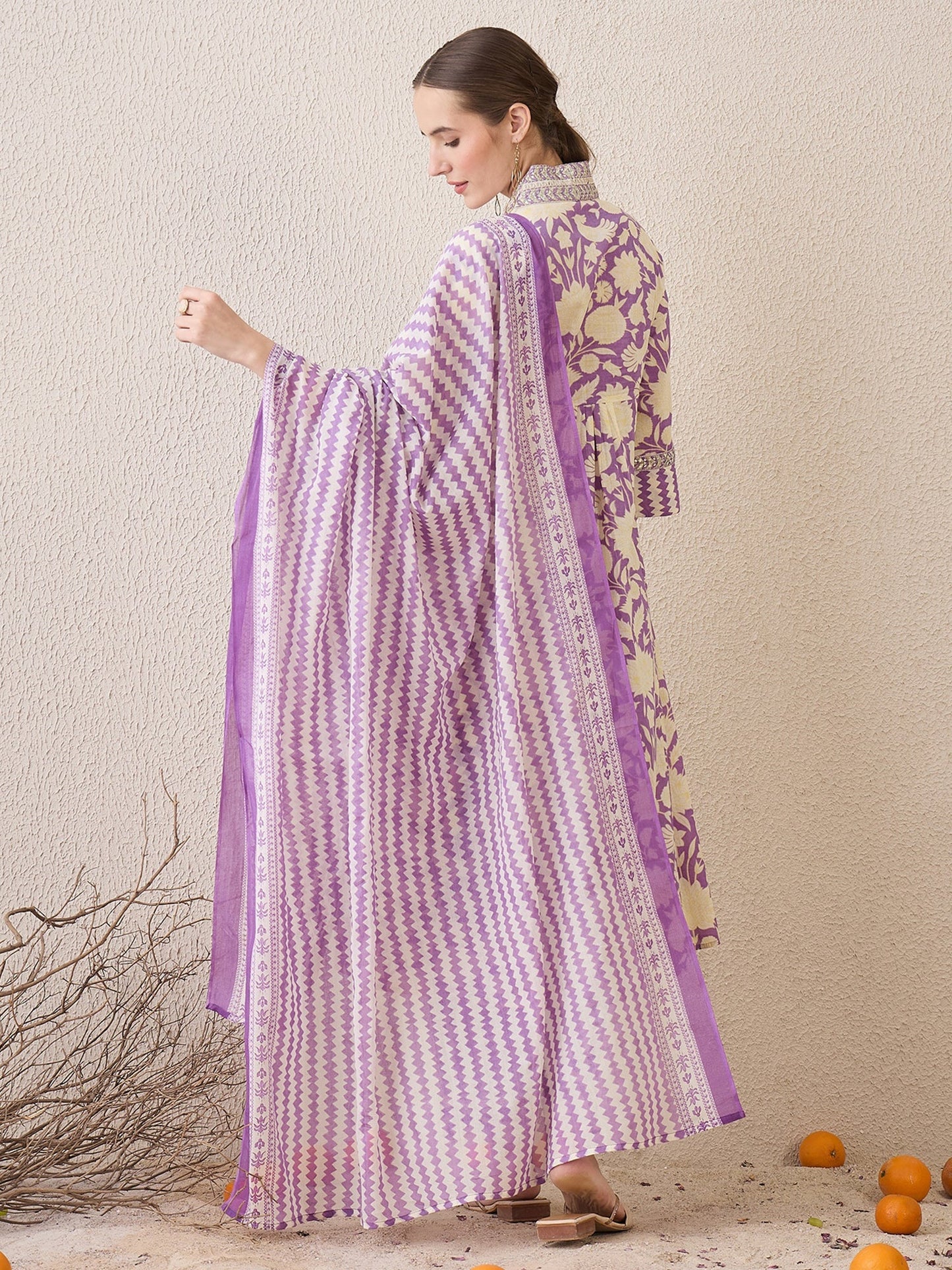 Lavender Printed A-Line Kurta Trousers With Dupatta Set