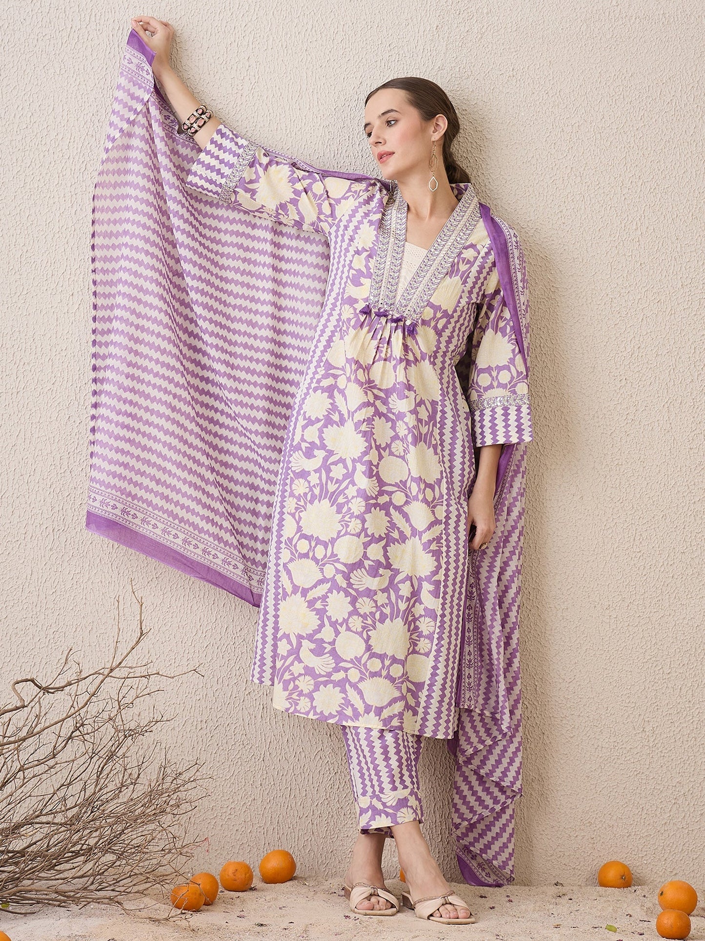 Lavender Printed A-Line Kurta Trousers With Dupatta Set