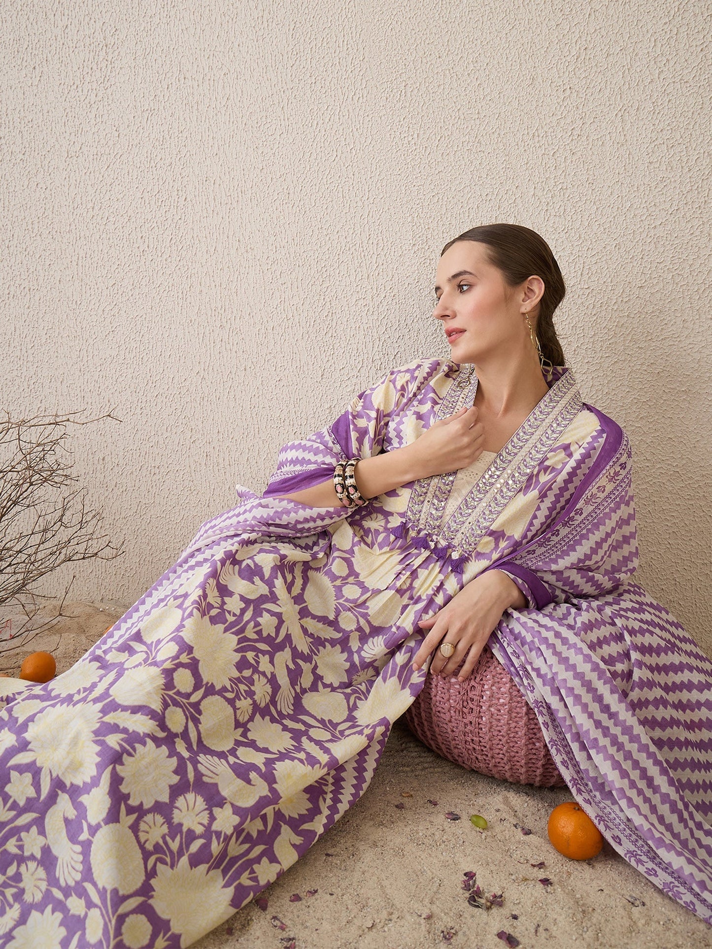 Lavender Printed A-Line Kurta Trousers With Dupatta Set