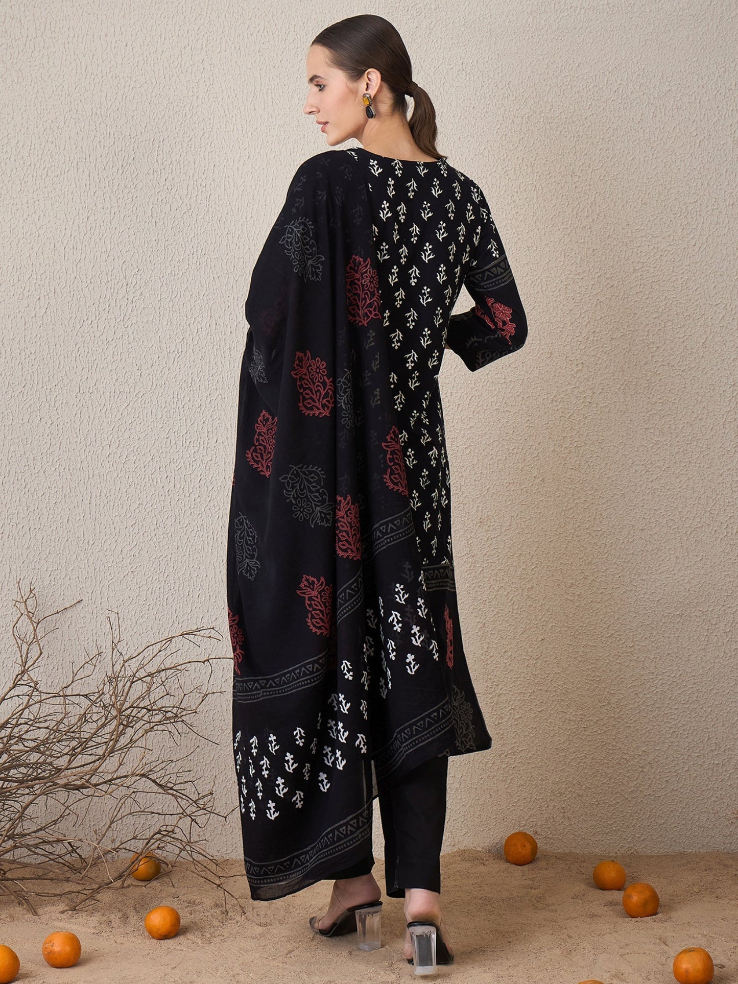 Black Printed Straight Kurta Trousers With Dupatta Set