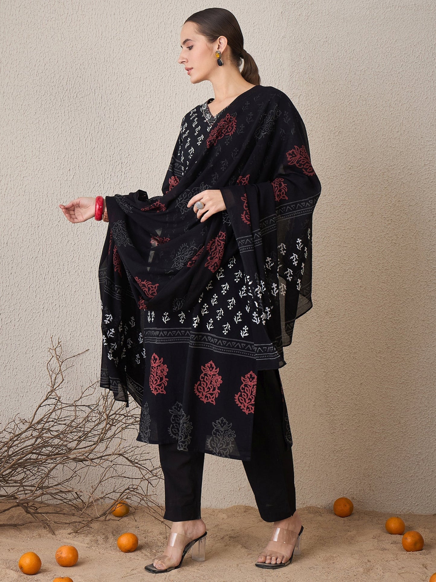 Black Printed Straight Kurta Trousers With Dupatta Set