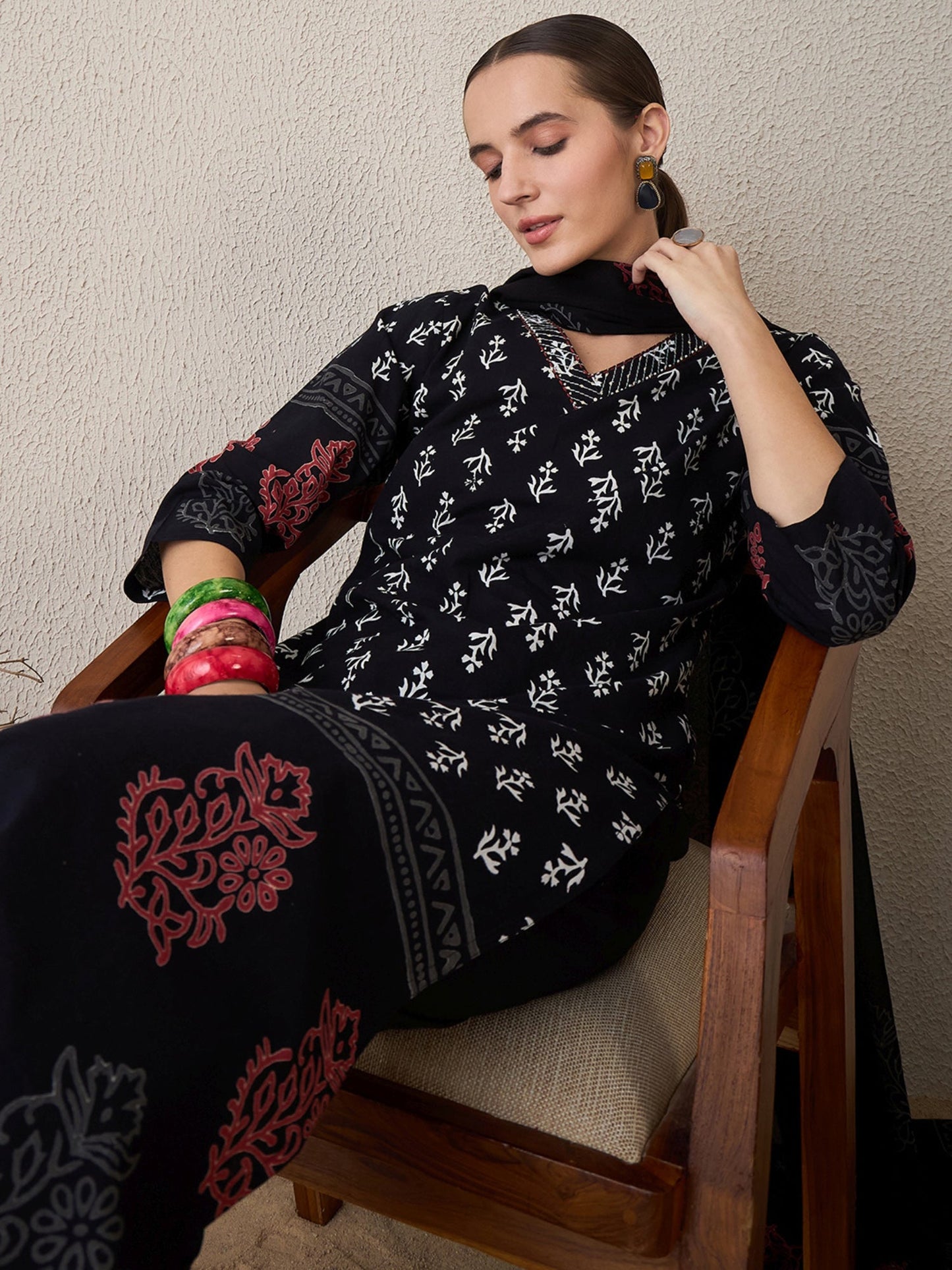 Black Printed Straight Kurta Trousers With Dupatta Set