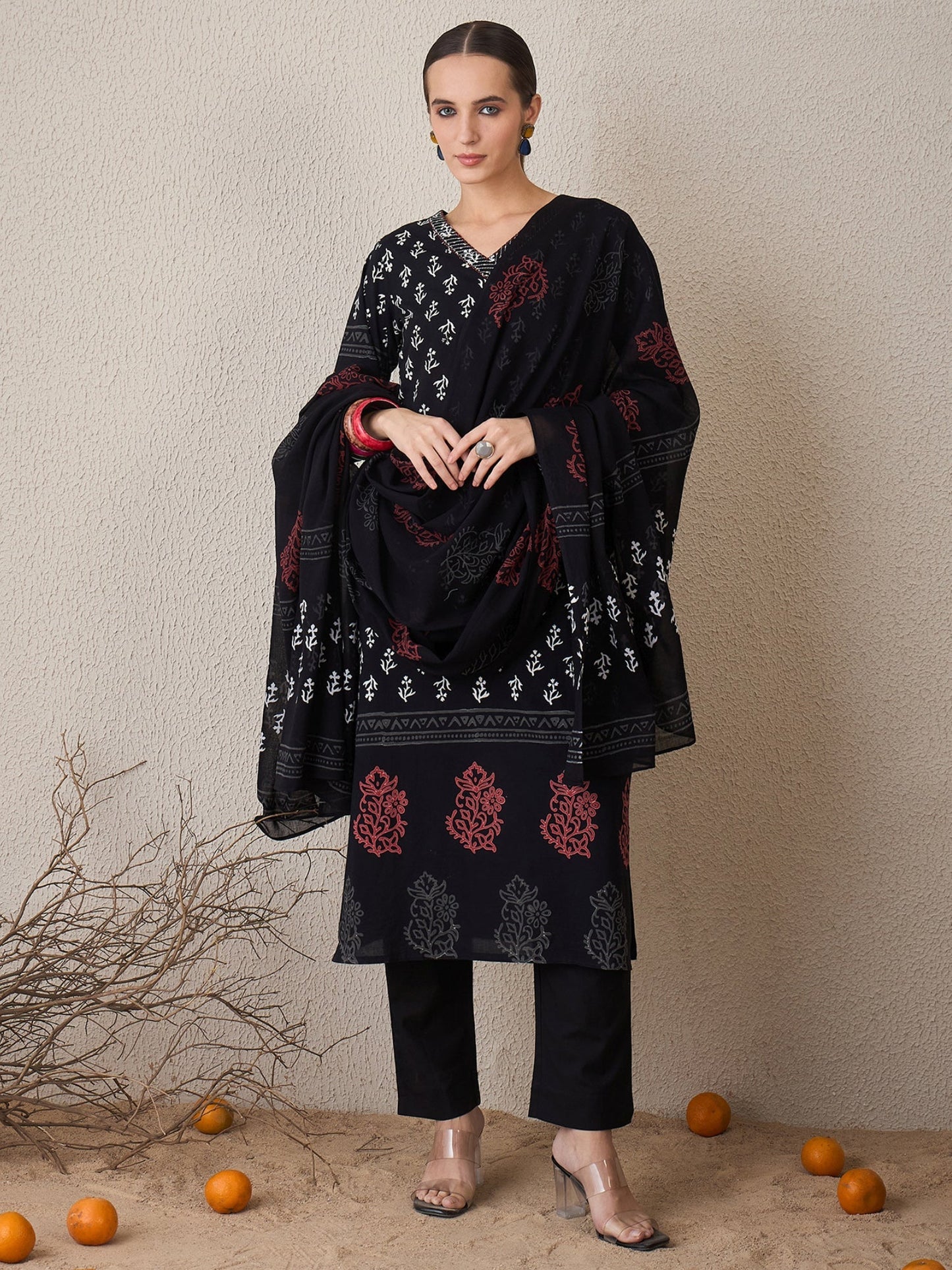 Black Printed Straight Kurta Trousers With Dupatta Set