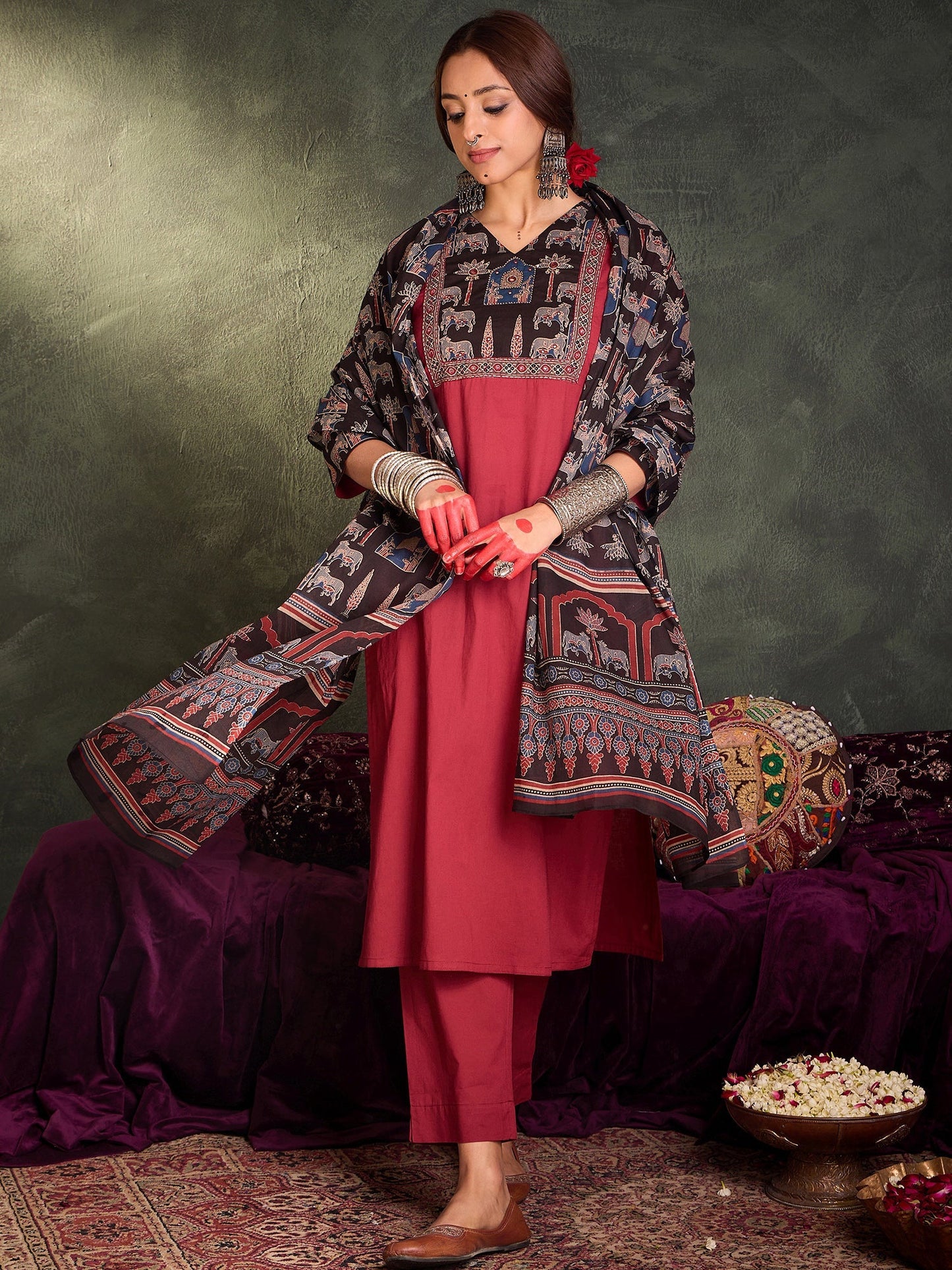 Maroon Self Design Straight Kurta Trousers With Dupatta Set