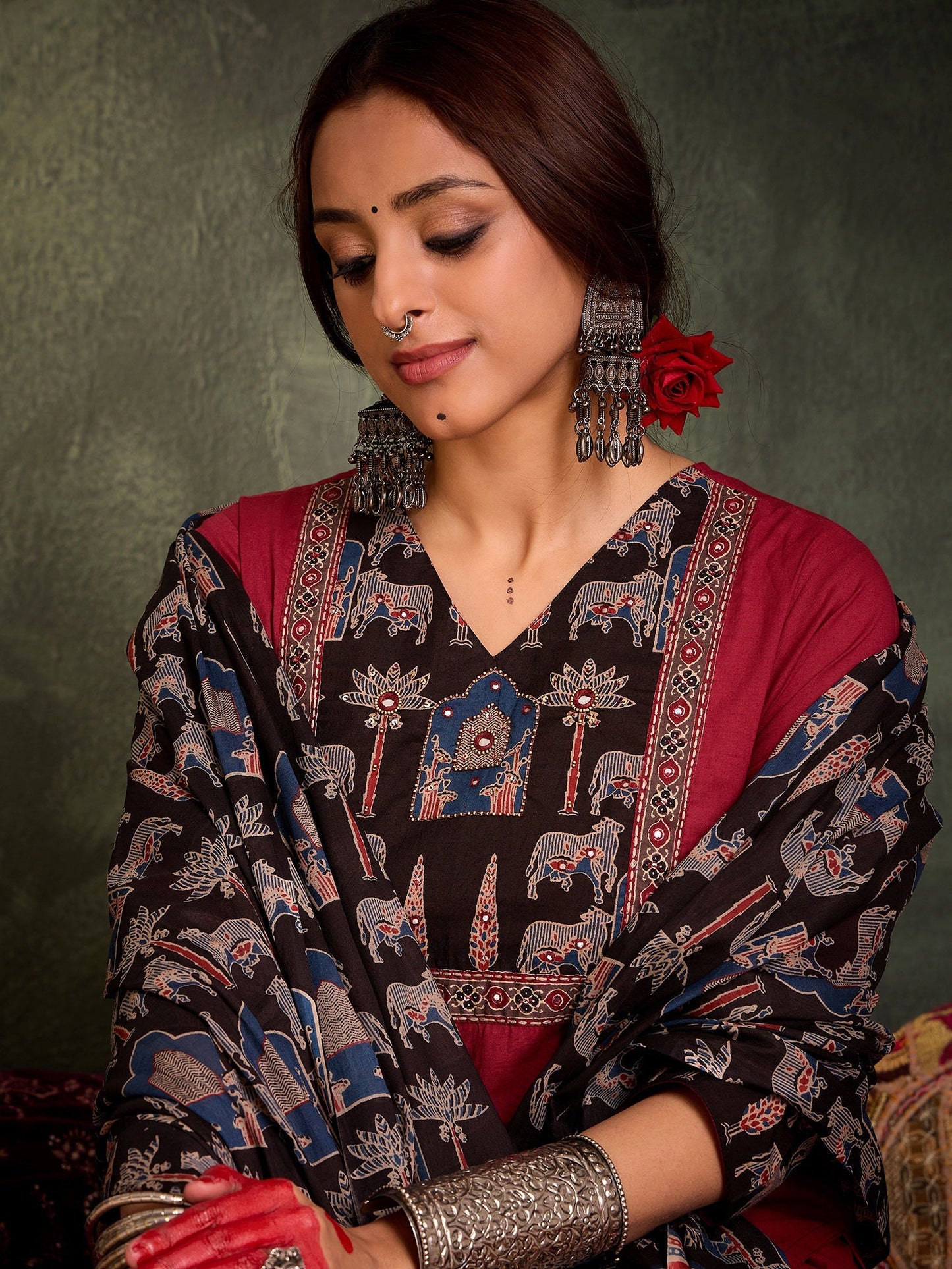 Maroon Self Design Straight Kurta Trousers With Dupatta Set