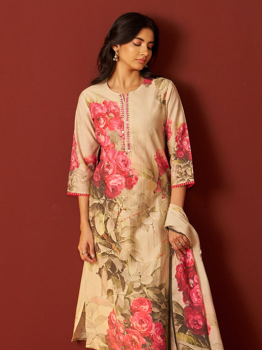 Beige Printed Silk Blend Straight Women Kurta Trouser With Dupatta