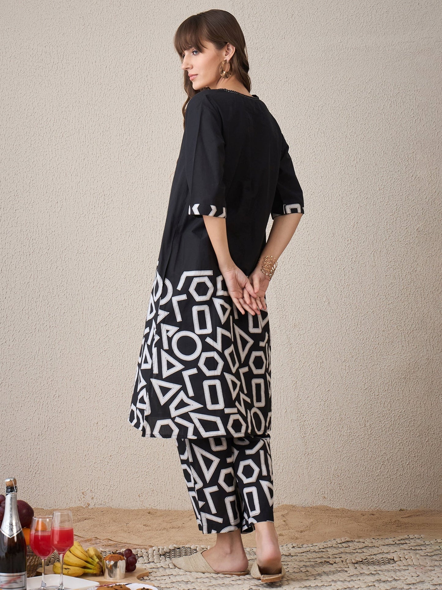 Black Printed A-Line Kurta Palazzos Set