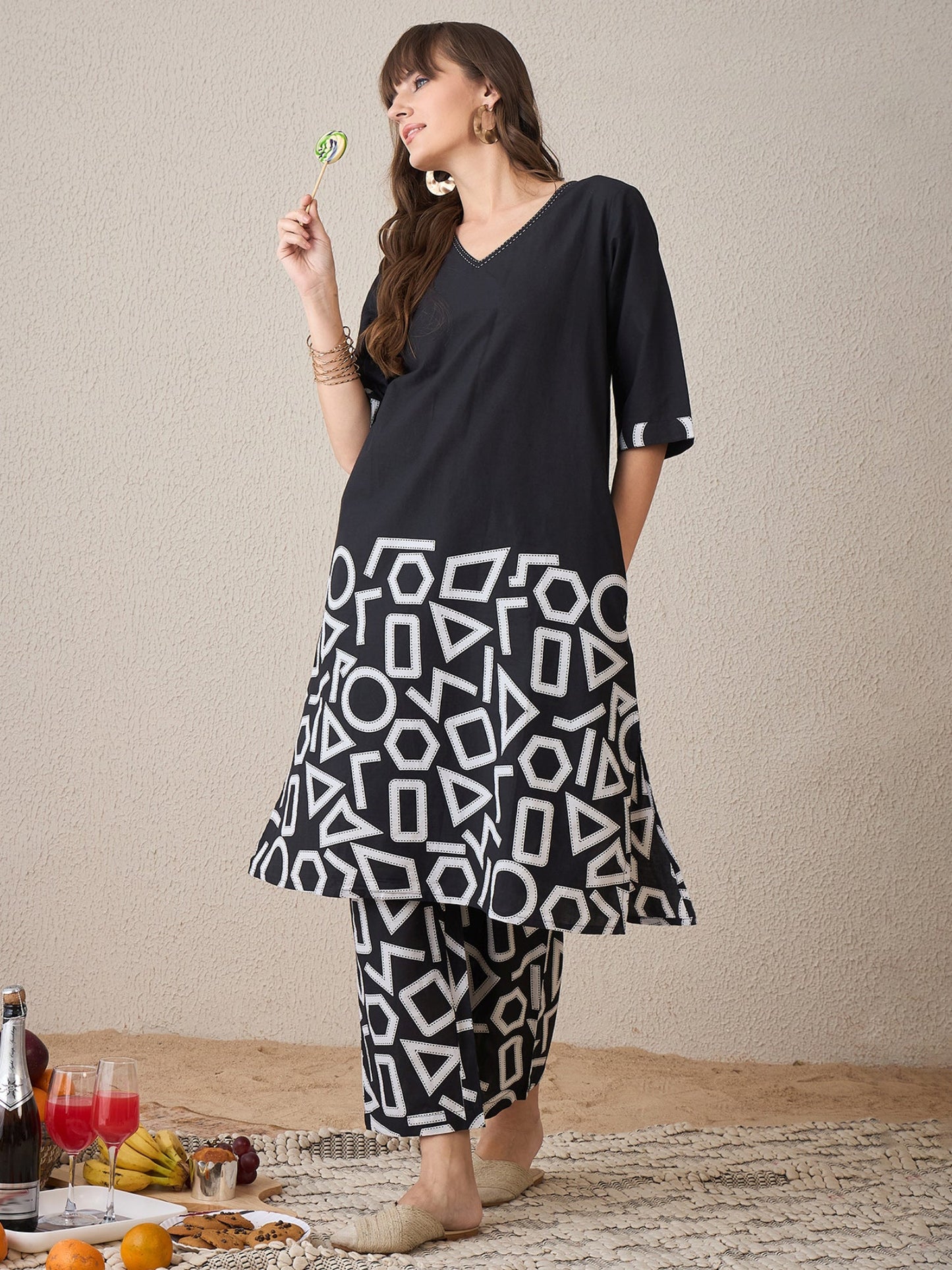 Black Printed A-Line Kurta Palazzos Set