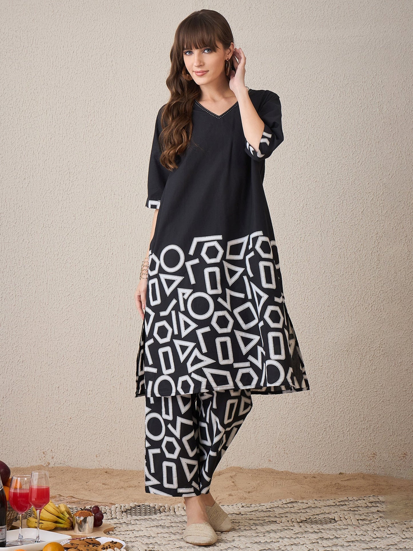Black Printed A-Line Kurta Palazzos Set