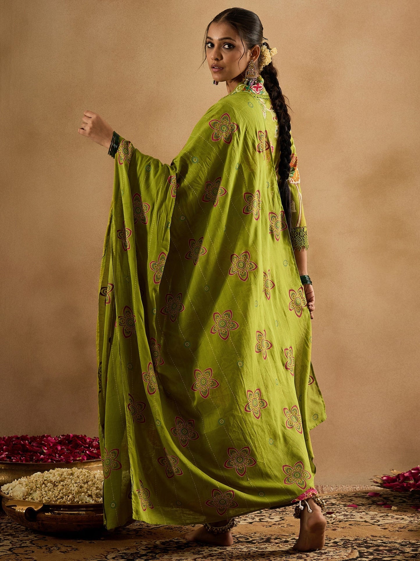 Green Printed A-Line Kurta Trousers With Dupatta Set