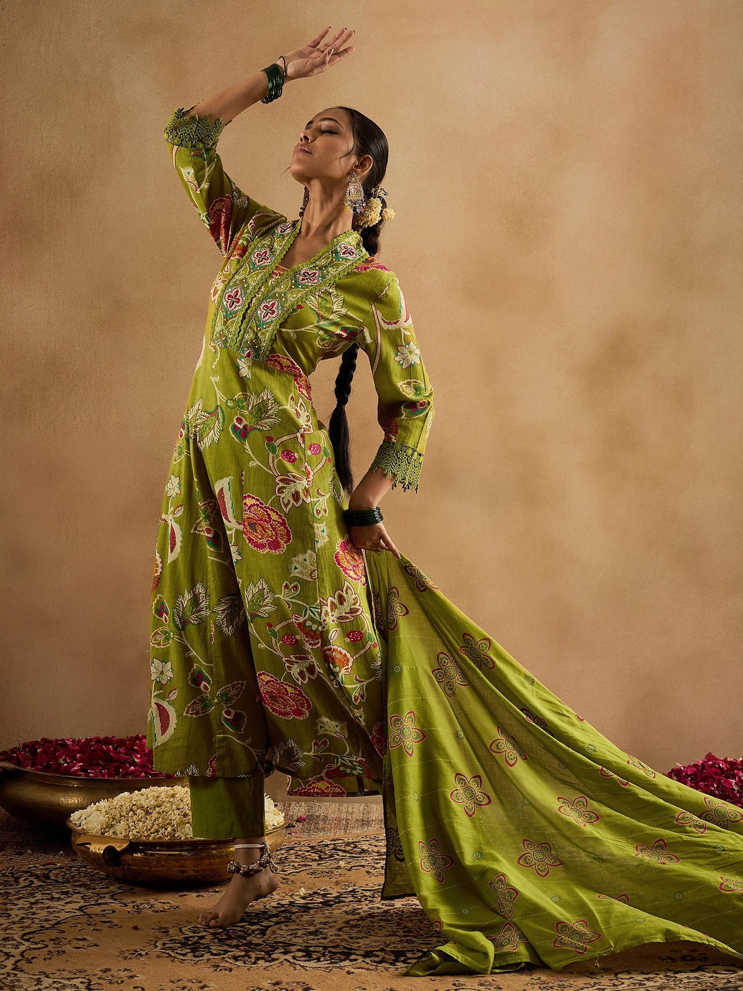 Green Printed A-Line Kurta Trousers With Dupatta Set