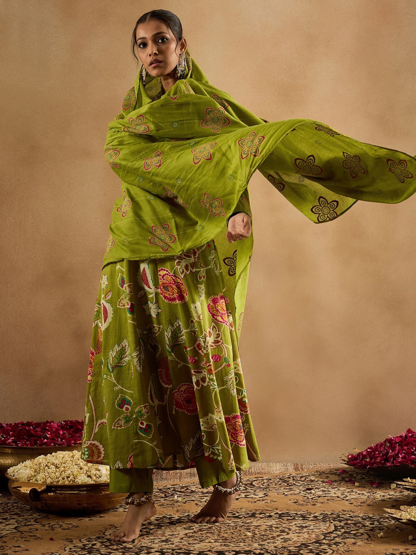 Green Printed A-Line Kurta Trousers With Dupatta Set