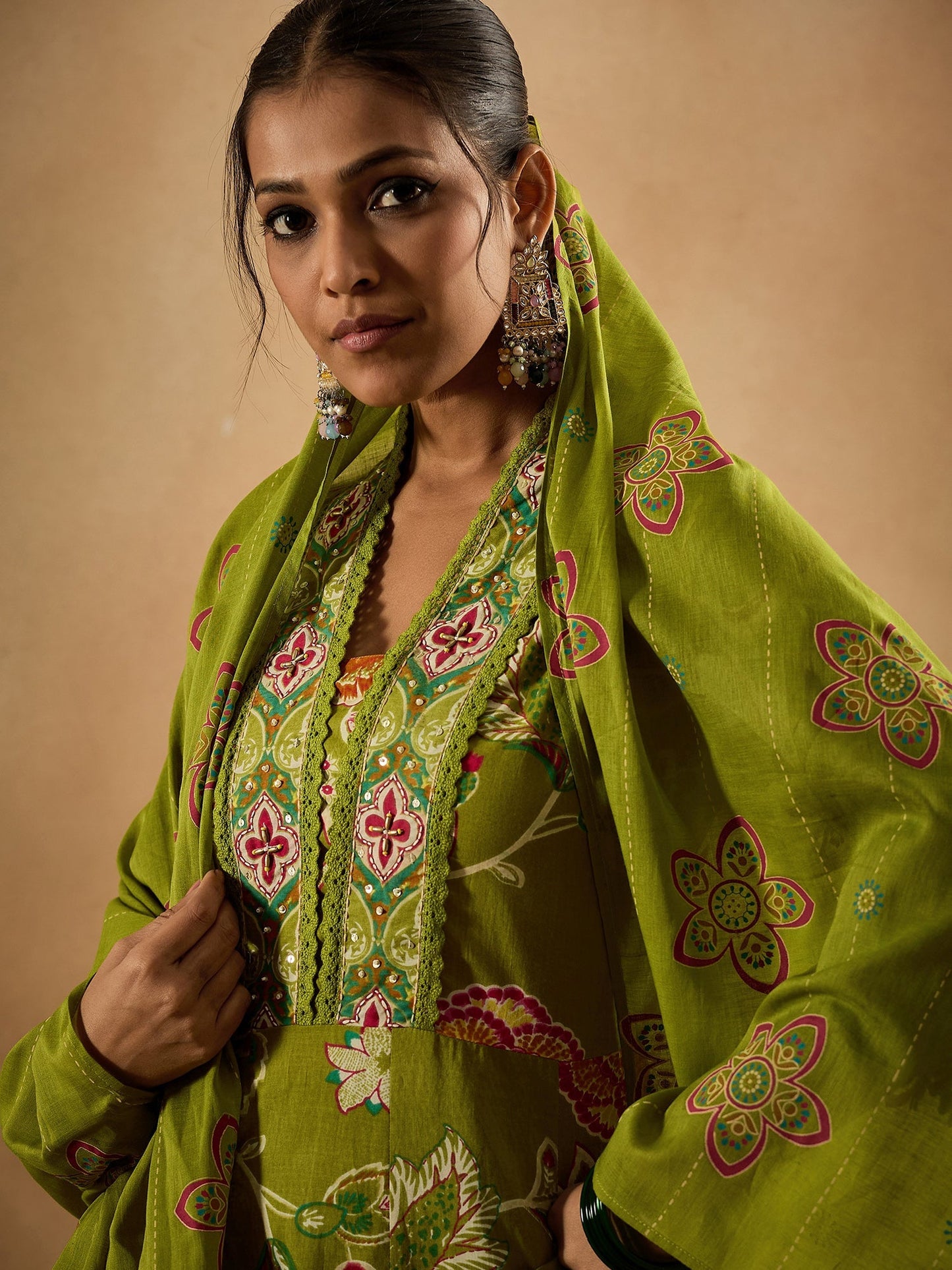 Green Printed A-Line Kurta Trousers With Dupatta Set