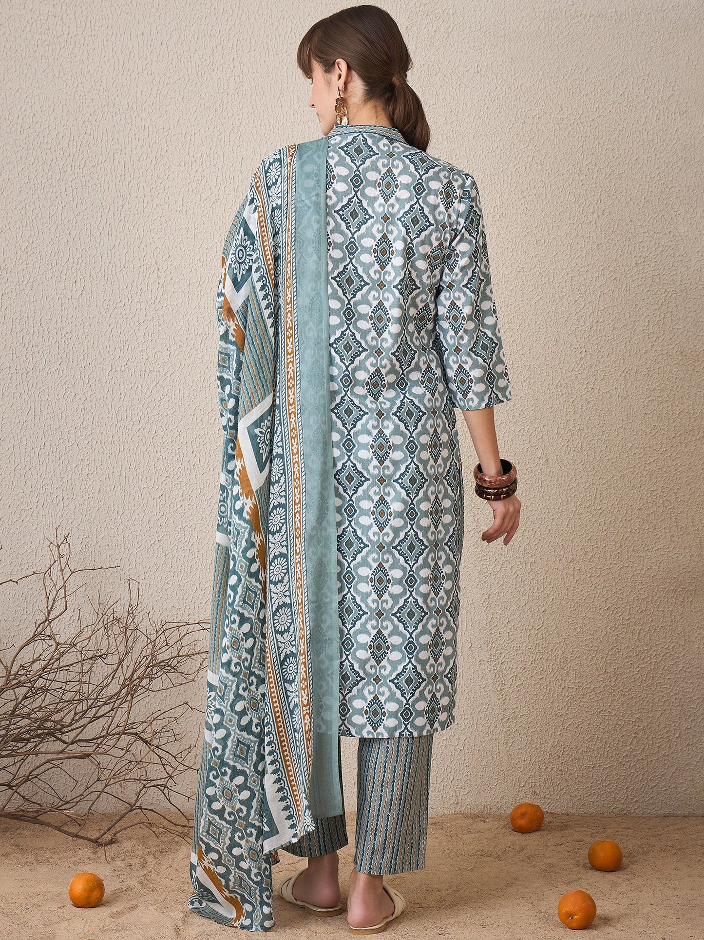 Grey Printed Straight Kurta Trousers With Dupatta Set