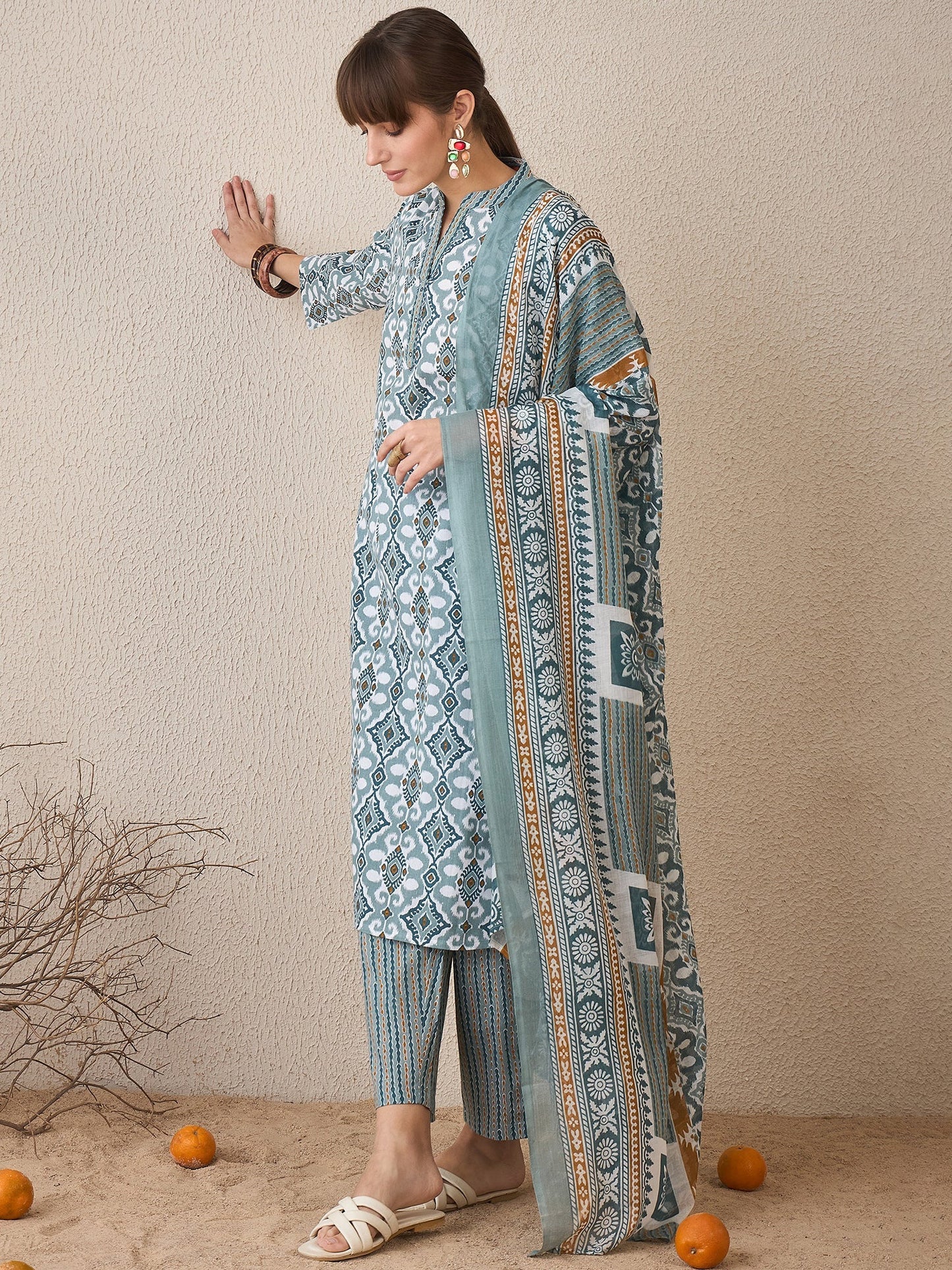 Grey Printed Straight Kurta Trousers With Dupatta Set