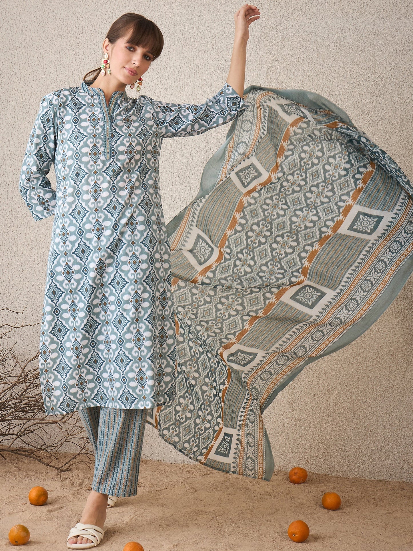 Grey Printed Straight Kurta Trousers With Dupatta Set