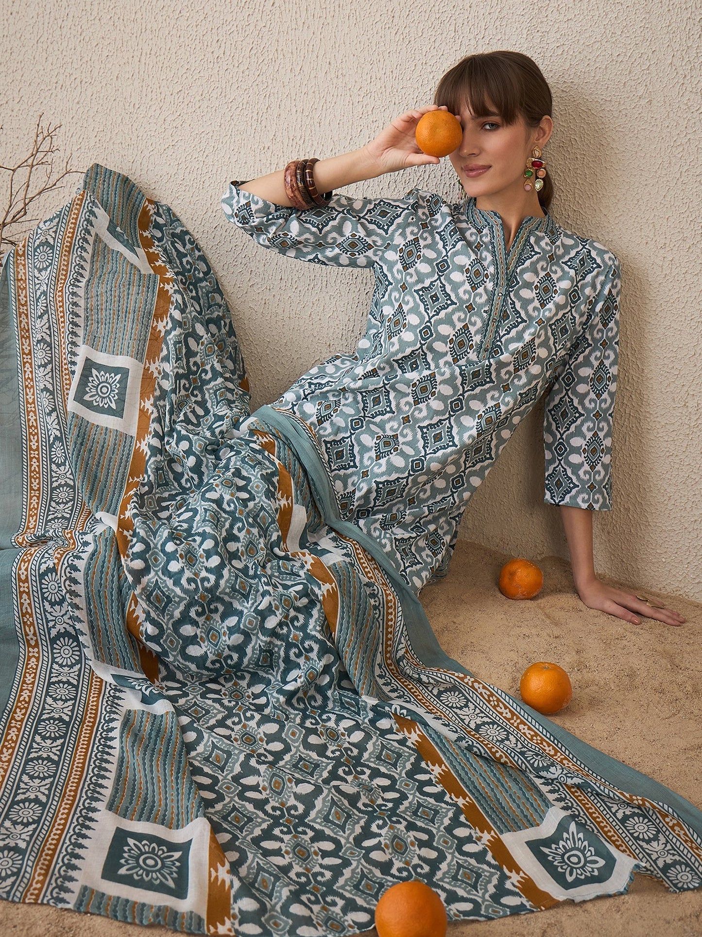 Grey Printed Straight Kurta Trousers With Dupatta Set