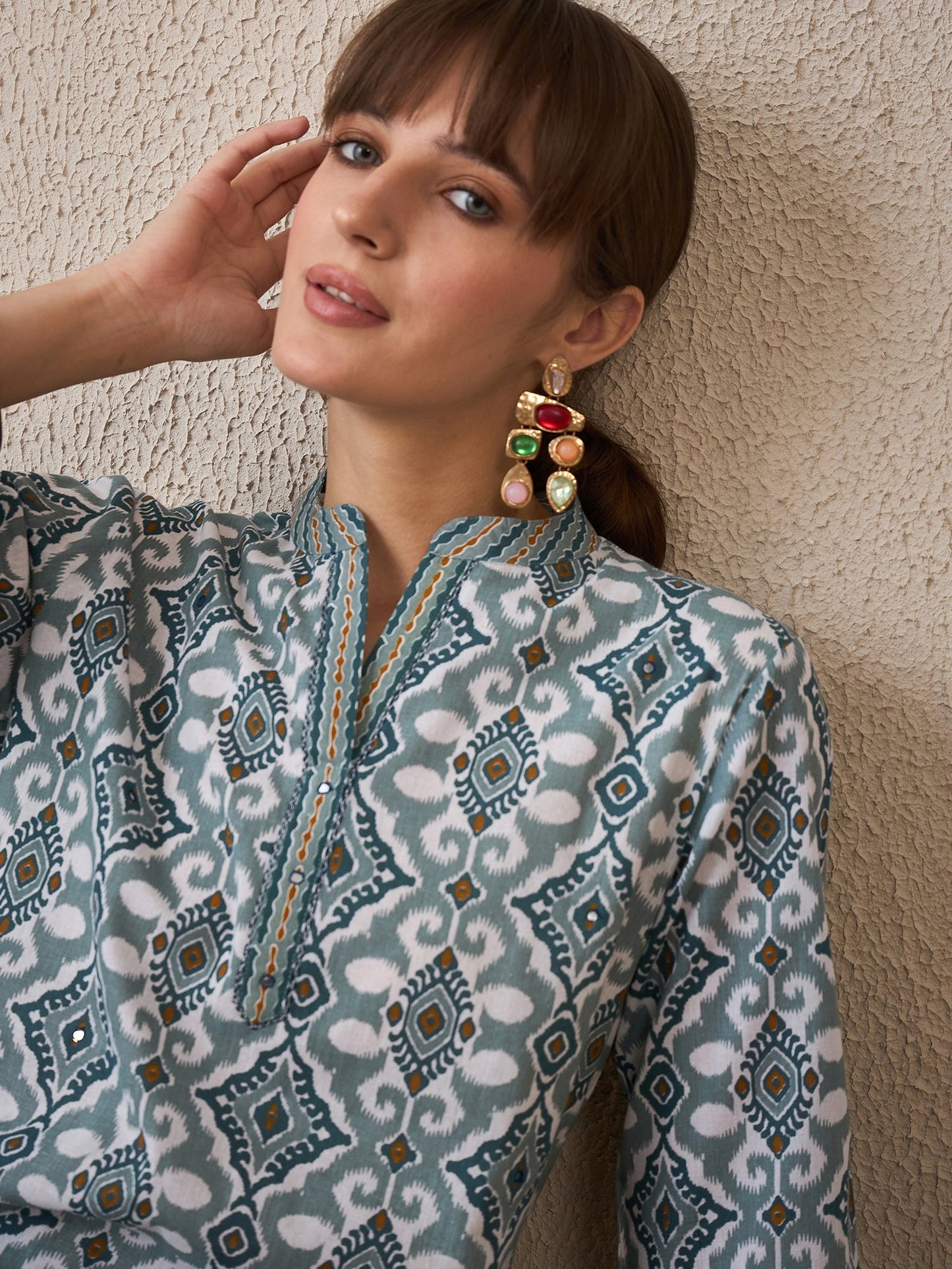 Grey Printed Straight Kurta Trousers With Dupatta Set