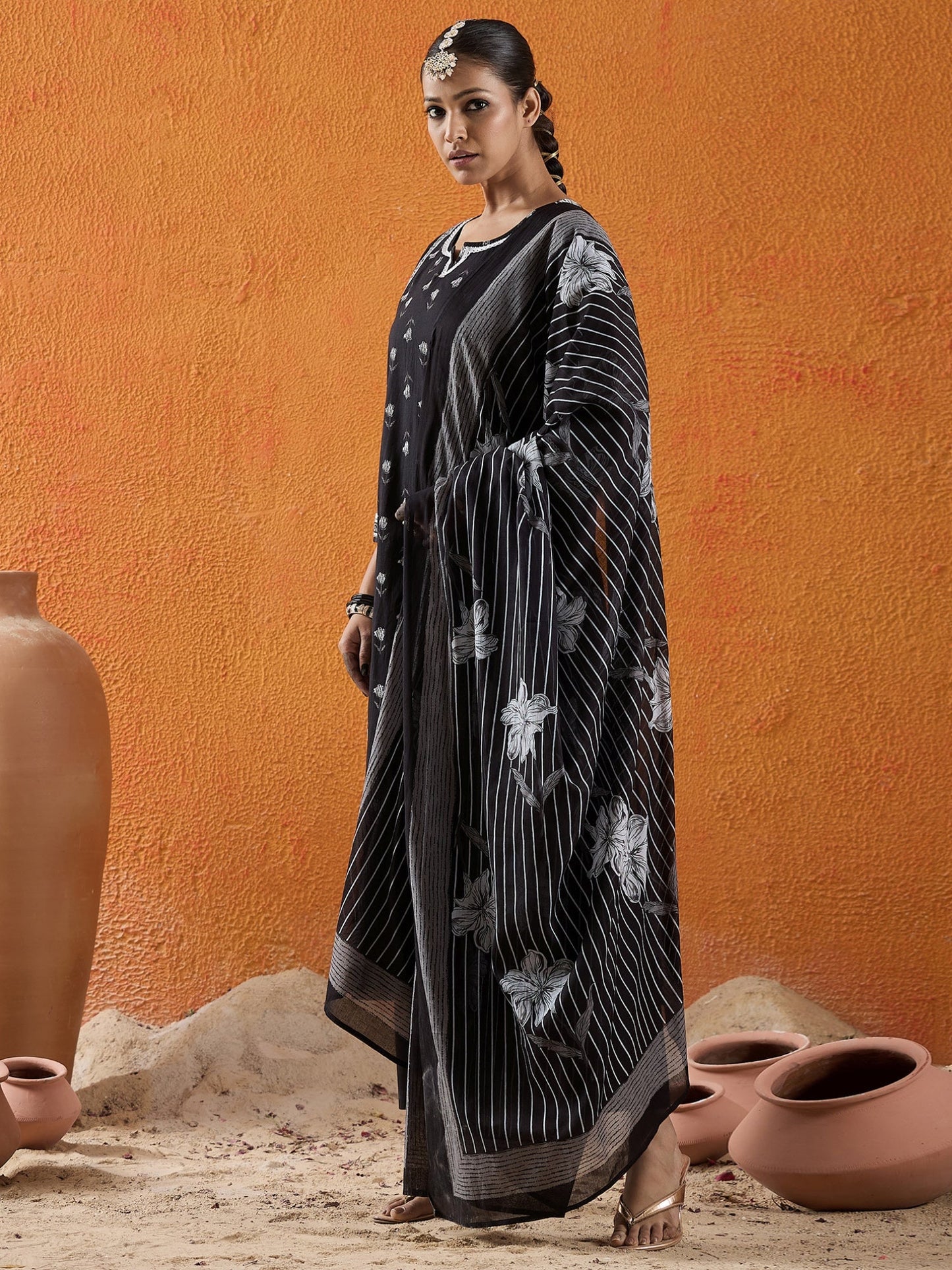 Black Printed Straight Kurta Trousers With Dupatta Set