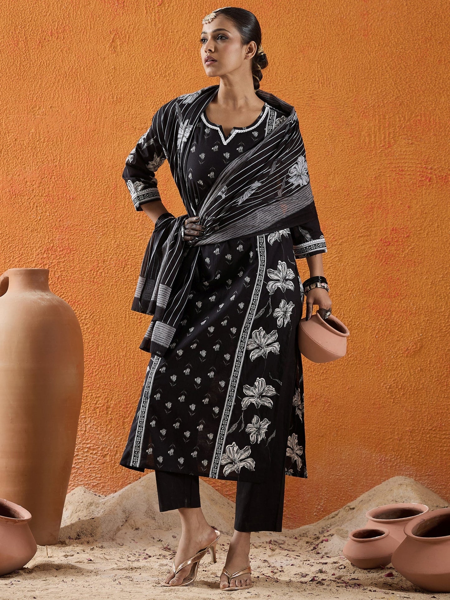 Black Printed Straight Kurta Trousers With Dupatta Set