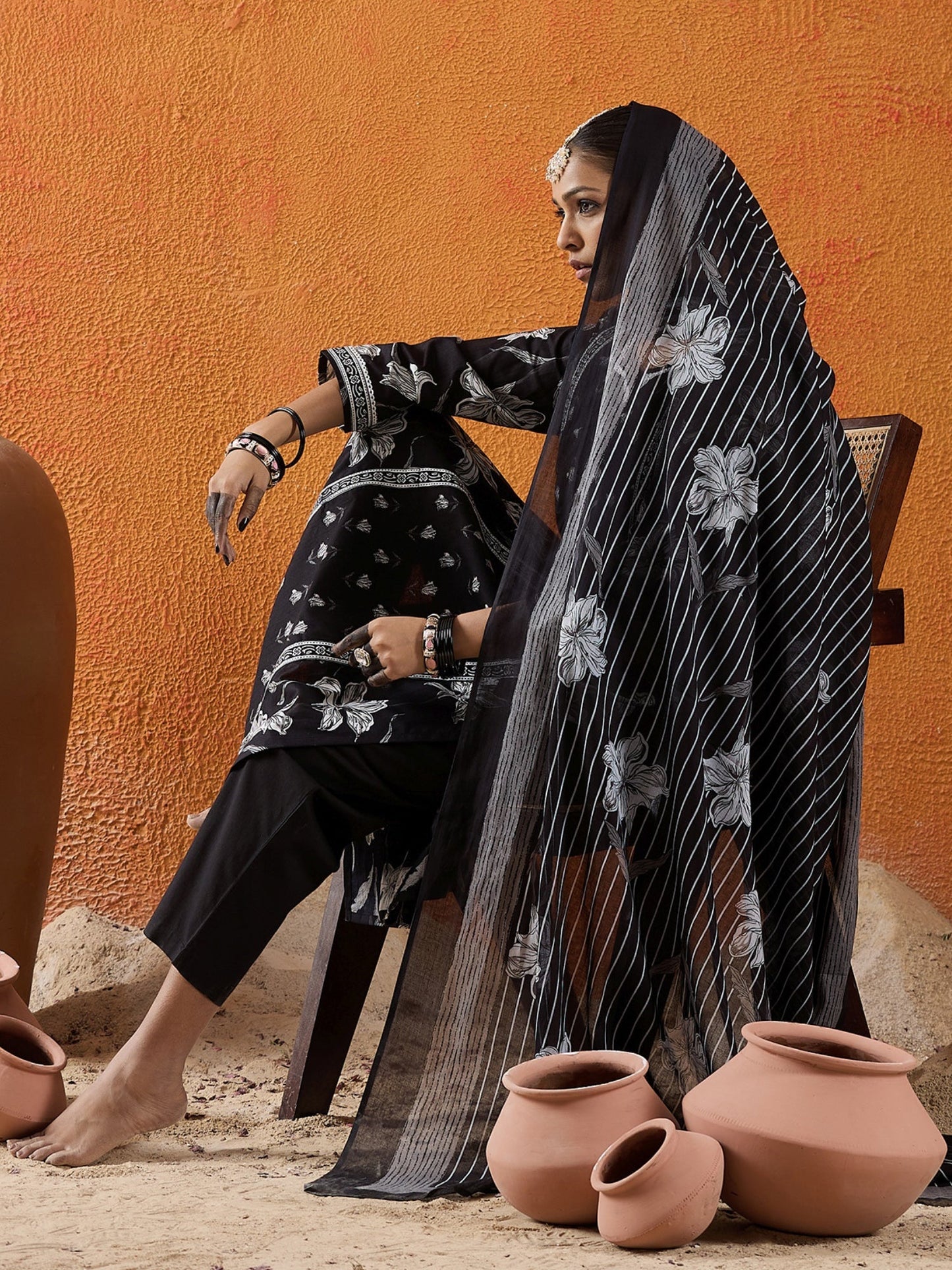 Black Printed Straight Kurta Trousers With Dupatta Set