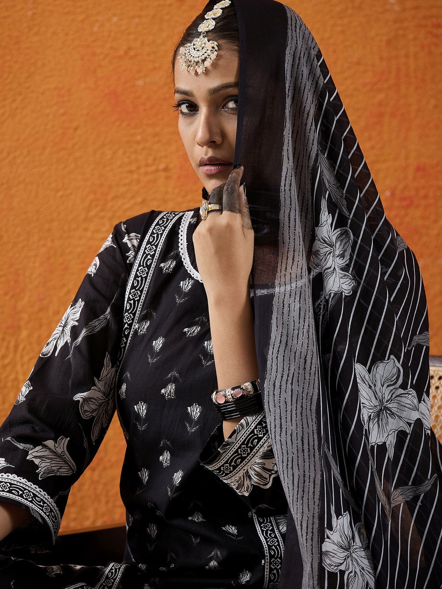 Black Printed Straight Kurta Trousers With Dupatta Set