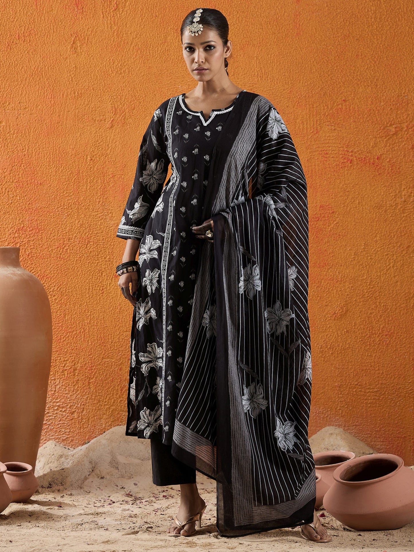 Black Printed Straight Kurta Trousers With Dupatta Set