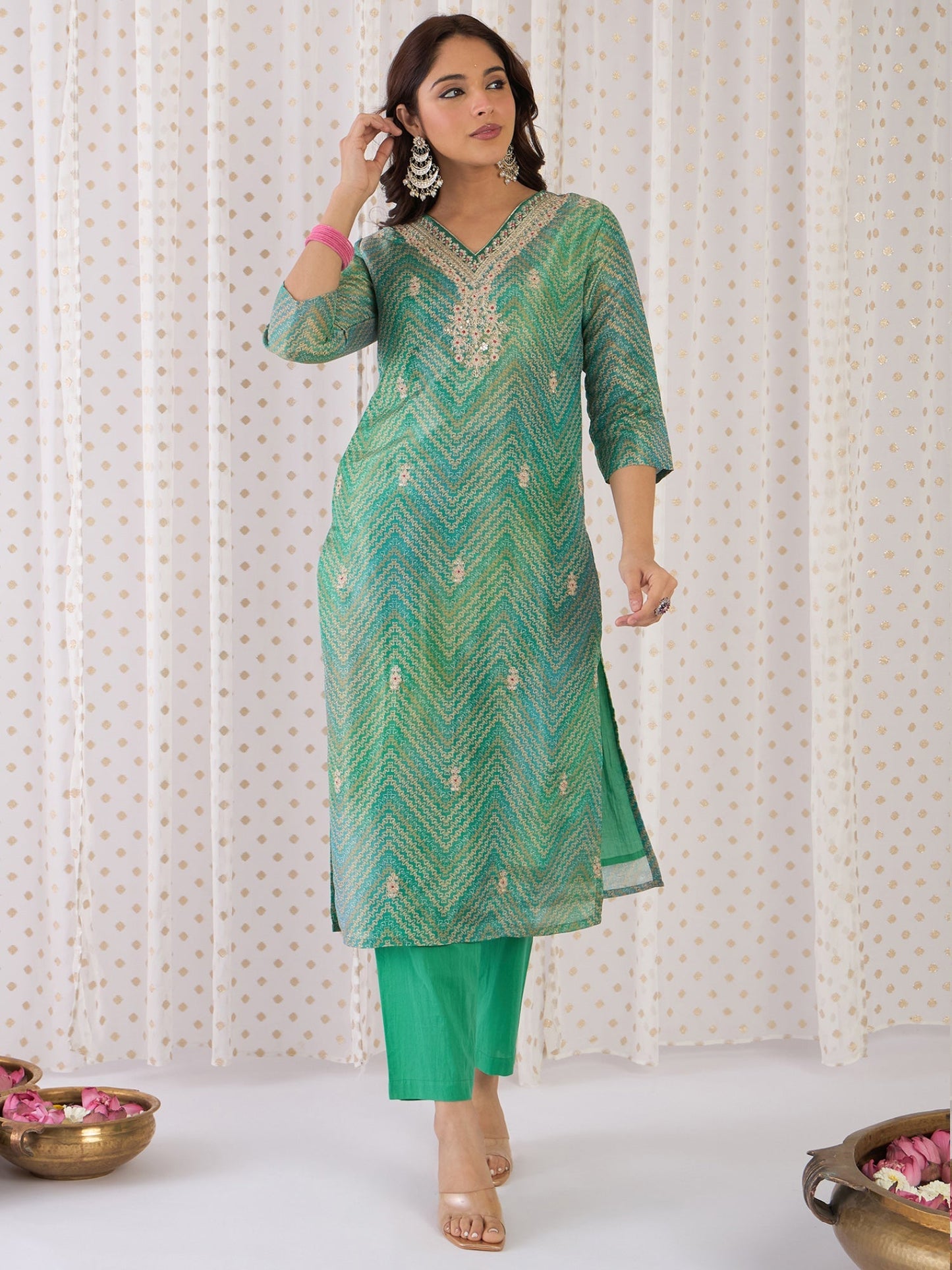 Multi Embroidered Straight Kurta Trousers With Dupatta Set