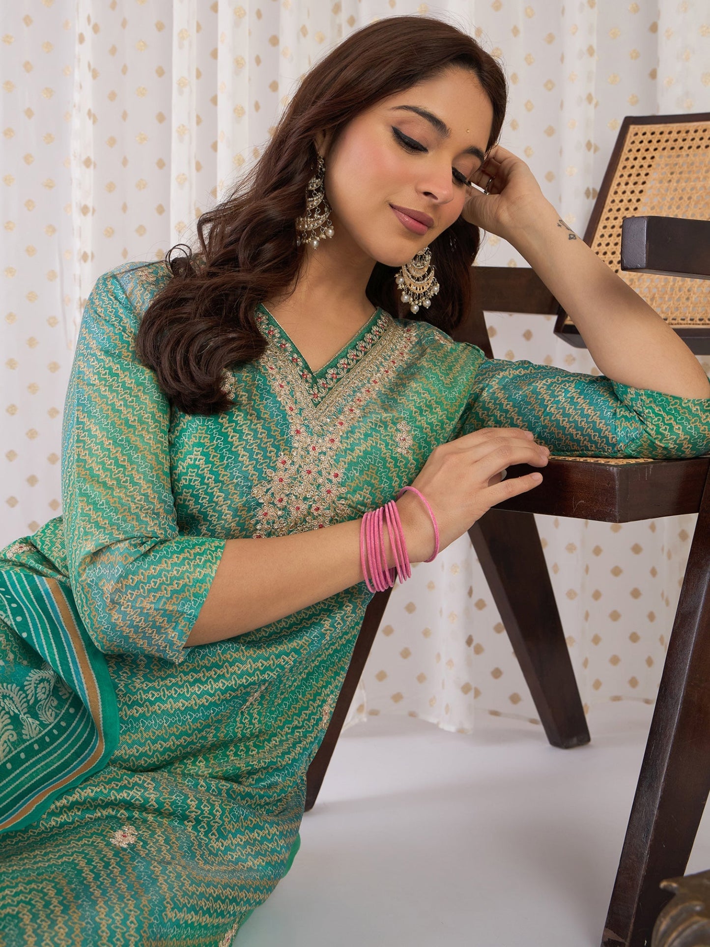Multi Embroidered Straight Kurta Trousers With Dupatta Set