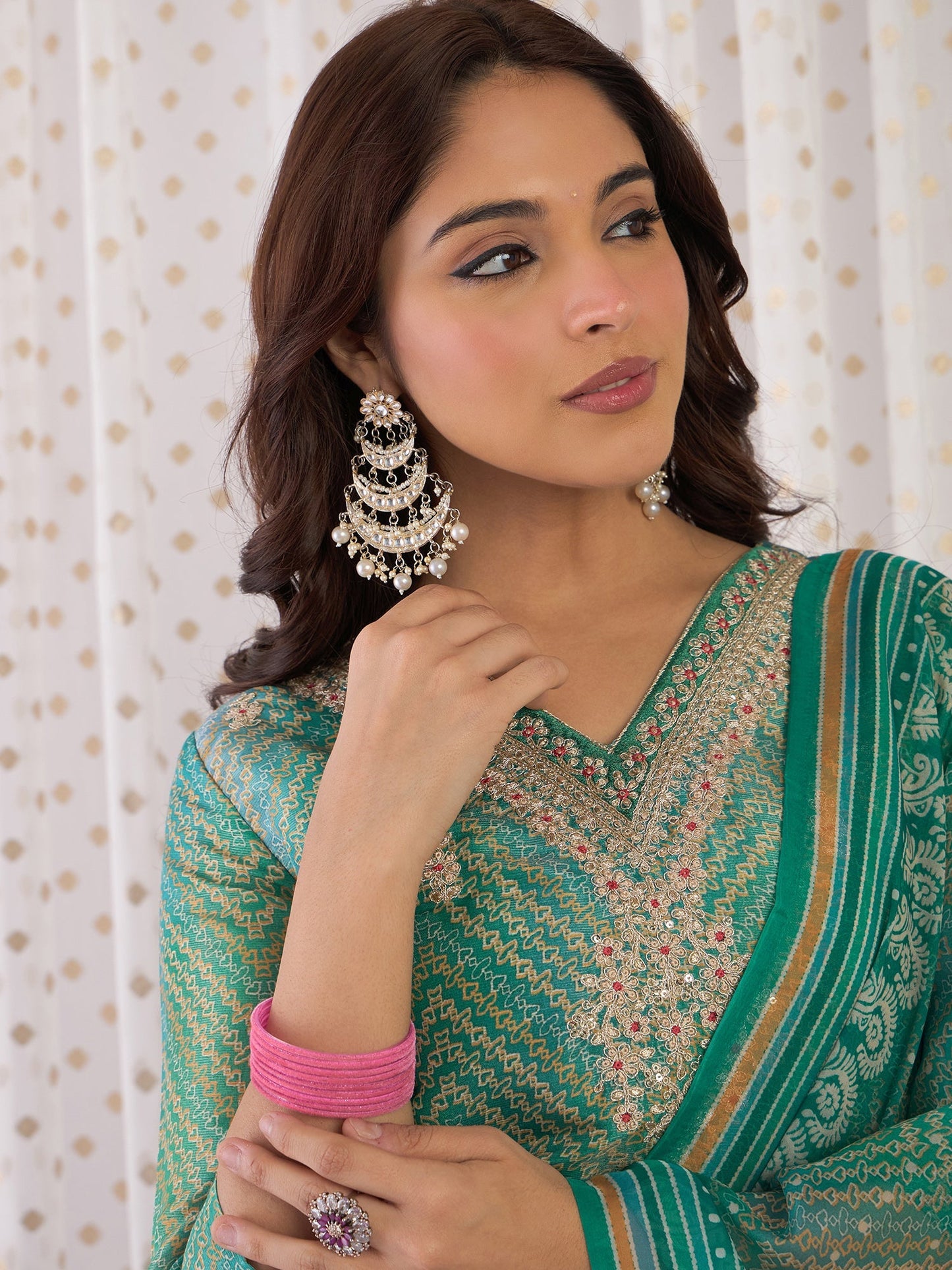 Multi Embroidered Straight Kurta Trousers With Dupatta Set