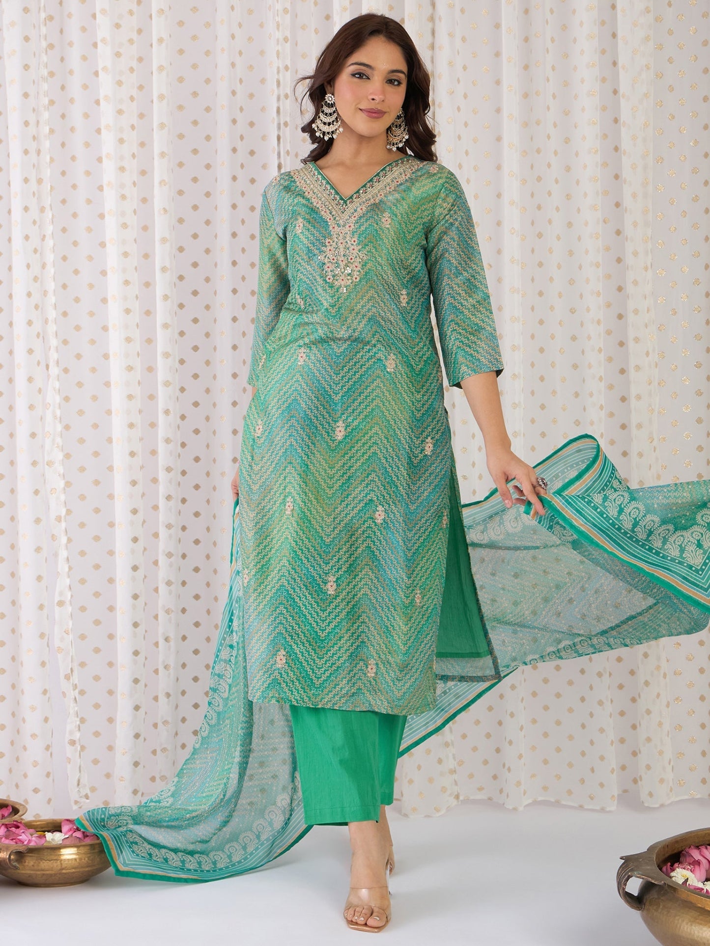 Multi Embroidered Straight Kurta Trousers With Dupatta Set
