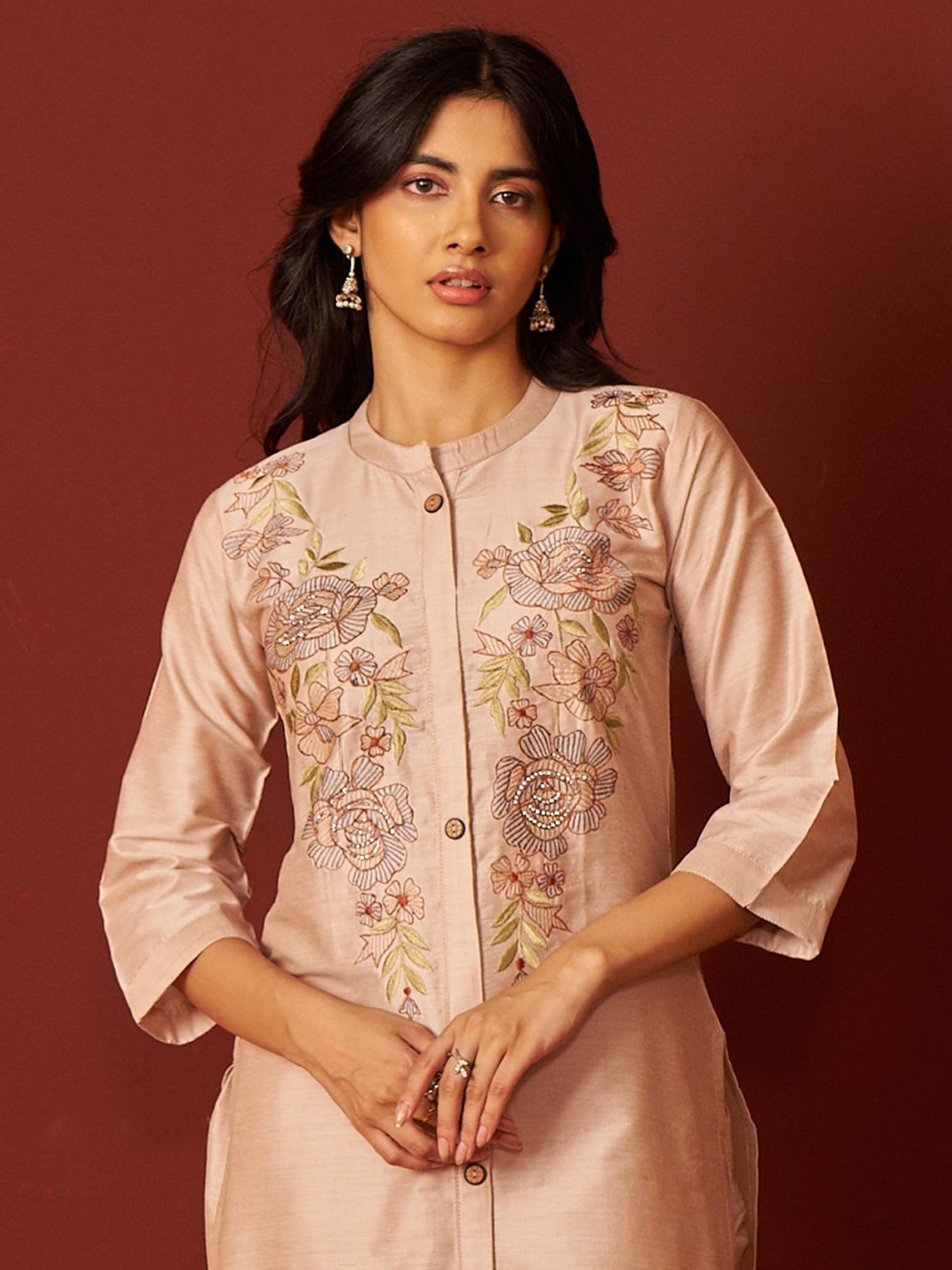 Beige Embroidered Pure Cotton Straight Women Kurta Trouser Set