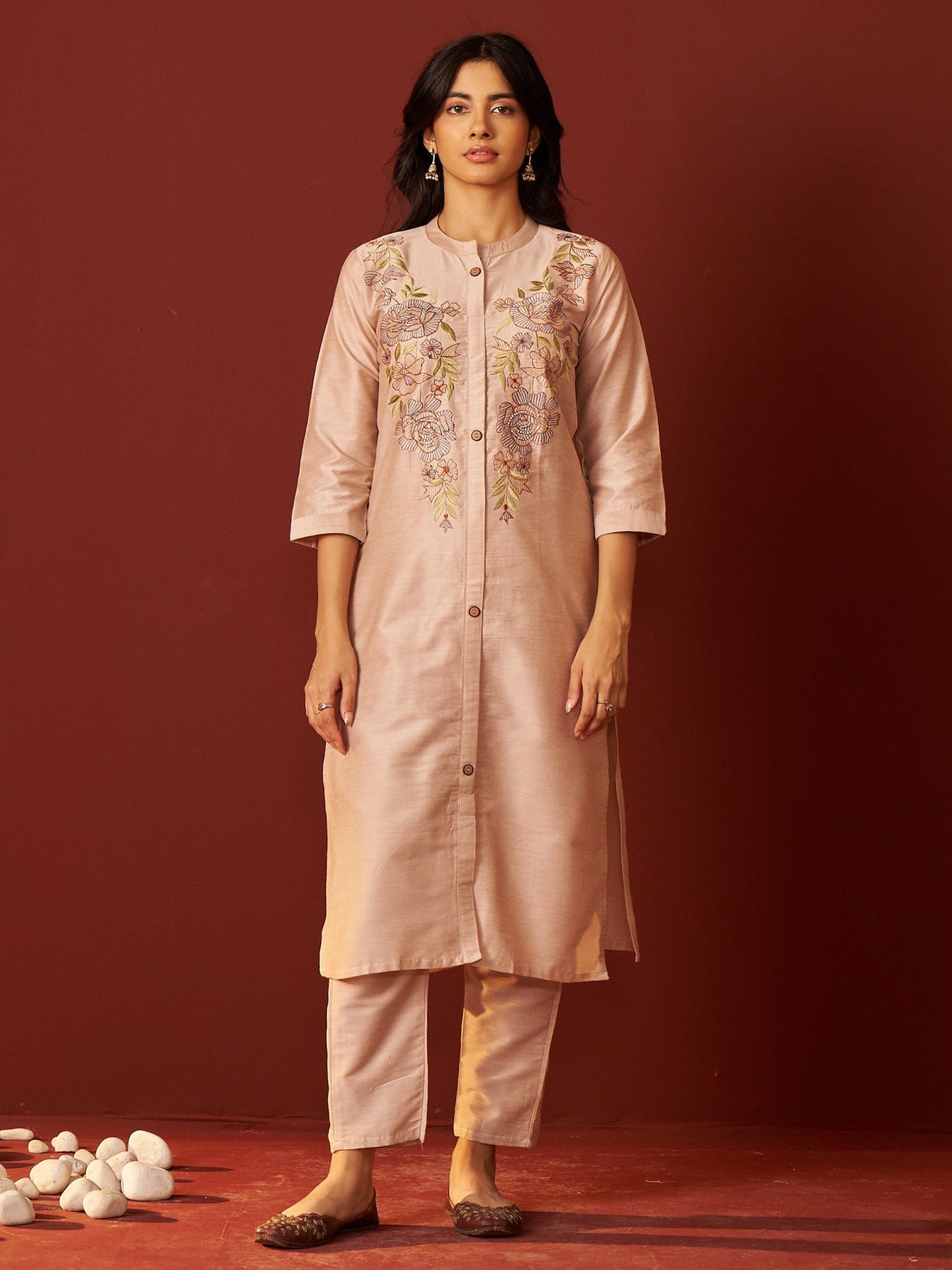 Beige Embroidered Pure Cotton Straight Women Kurta Trouser Set