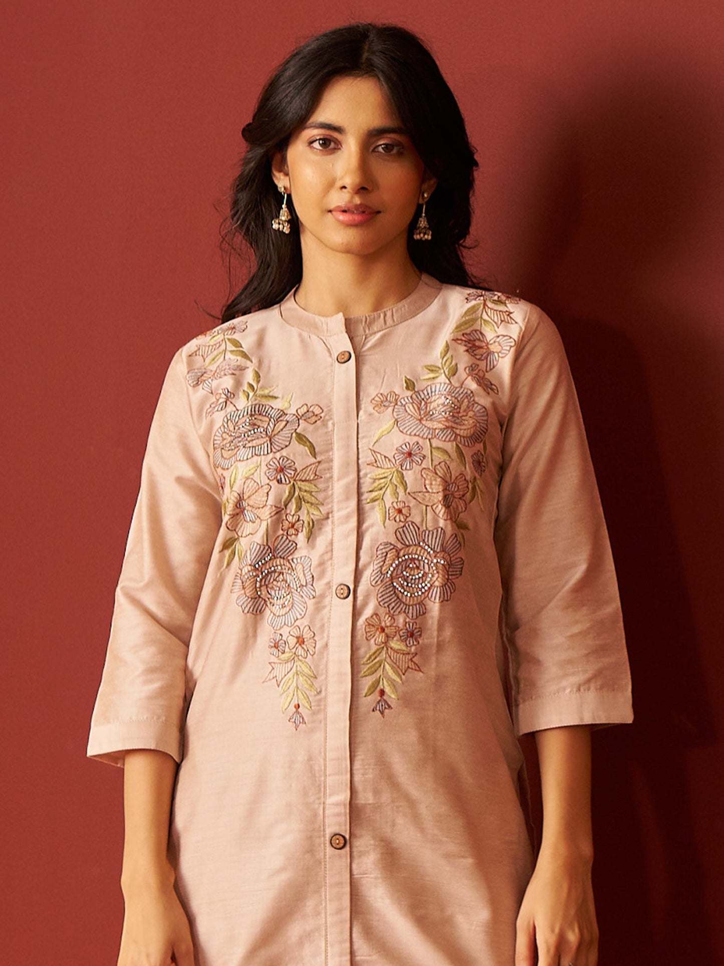 Beige Embroidered Pure Cotton Straight Women Kurta Trouser Set