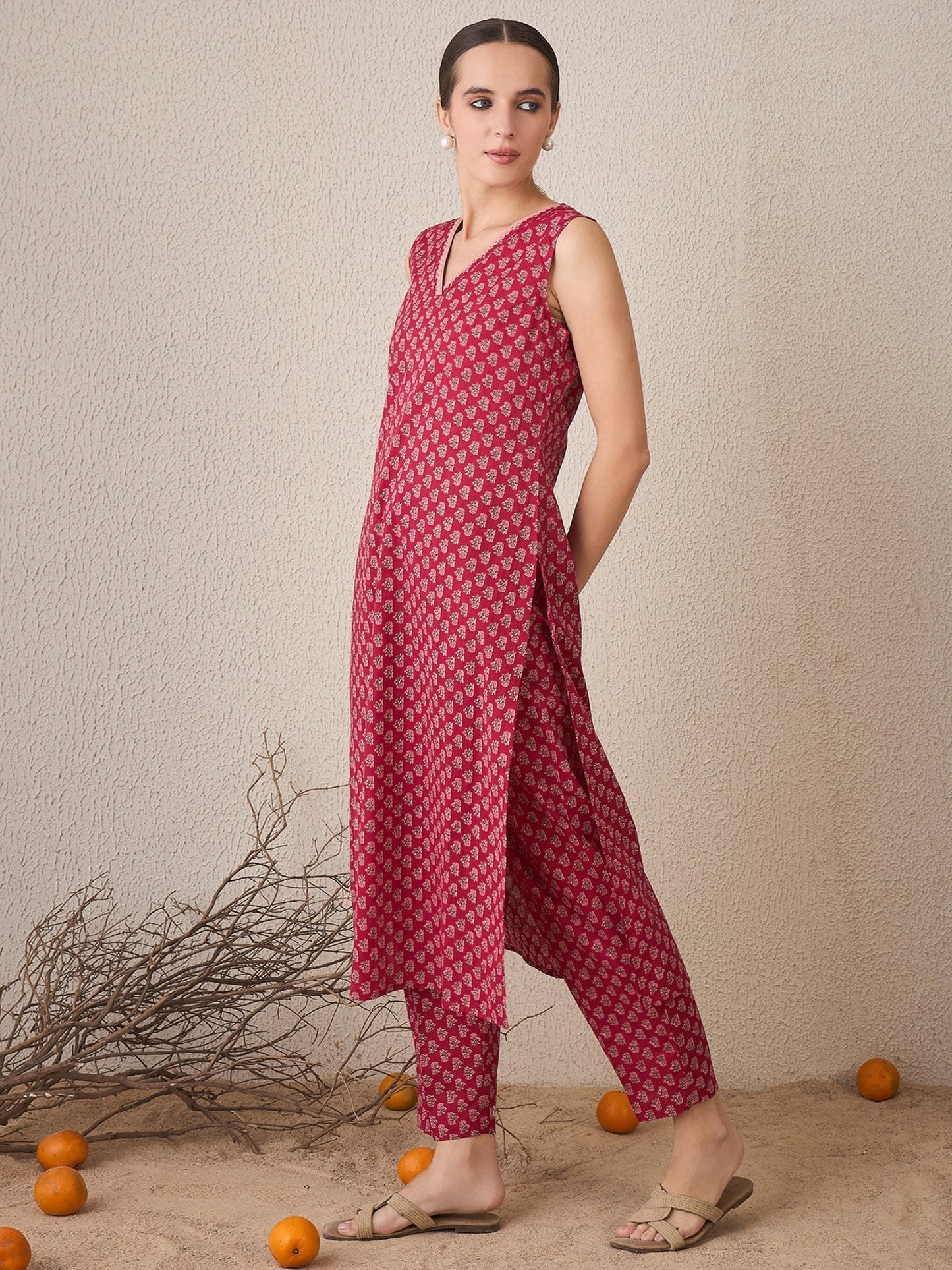 Maroon Printed Straight Kurta Trousers Set